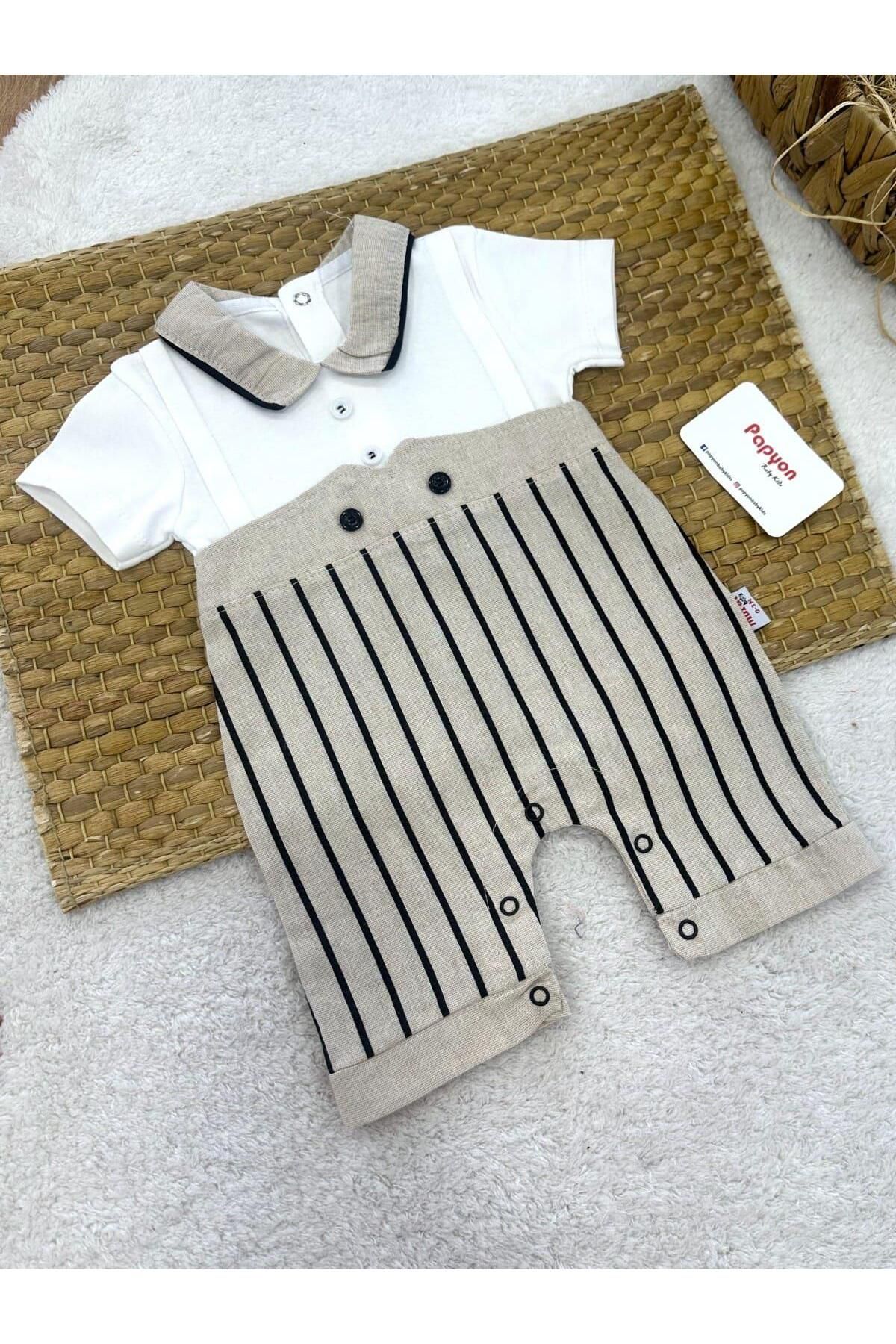 Papyon Baby Kids Yakalı Çizgili Ön Detaylı Erkek Bebek Şort Tulum (0-3/3-6/6-9/9-12 Ay)