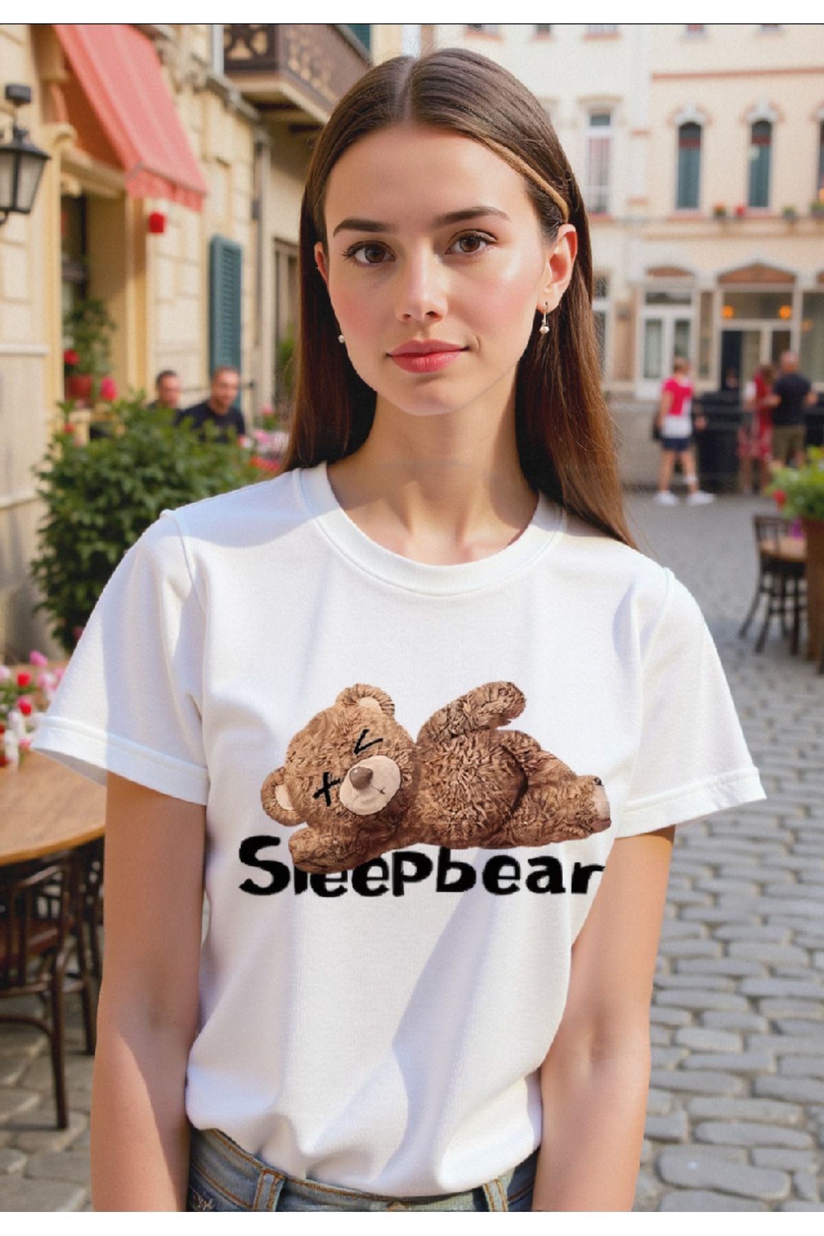 ELNOYA Unisex Pamuklu Beyaz Oversize "Sleep Bear" Baskılı Rahat Günlük T-shirt