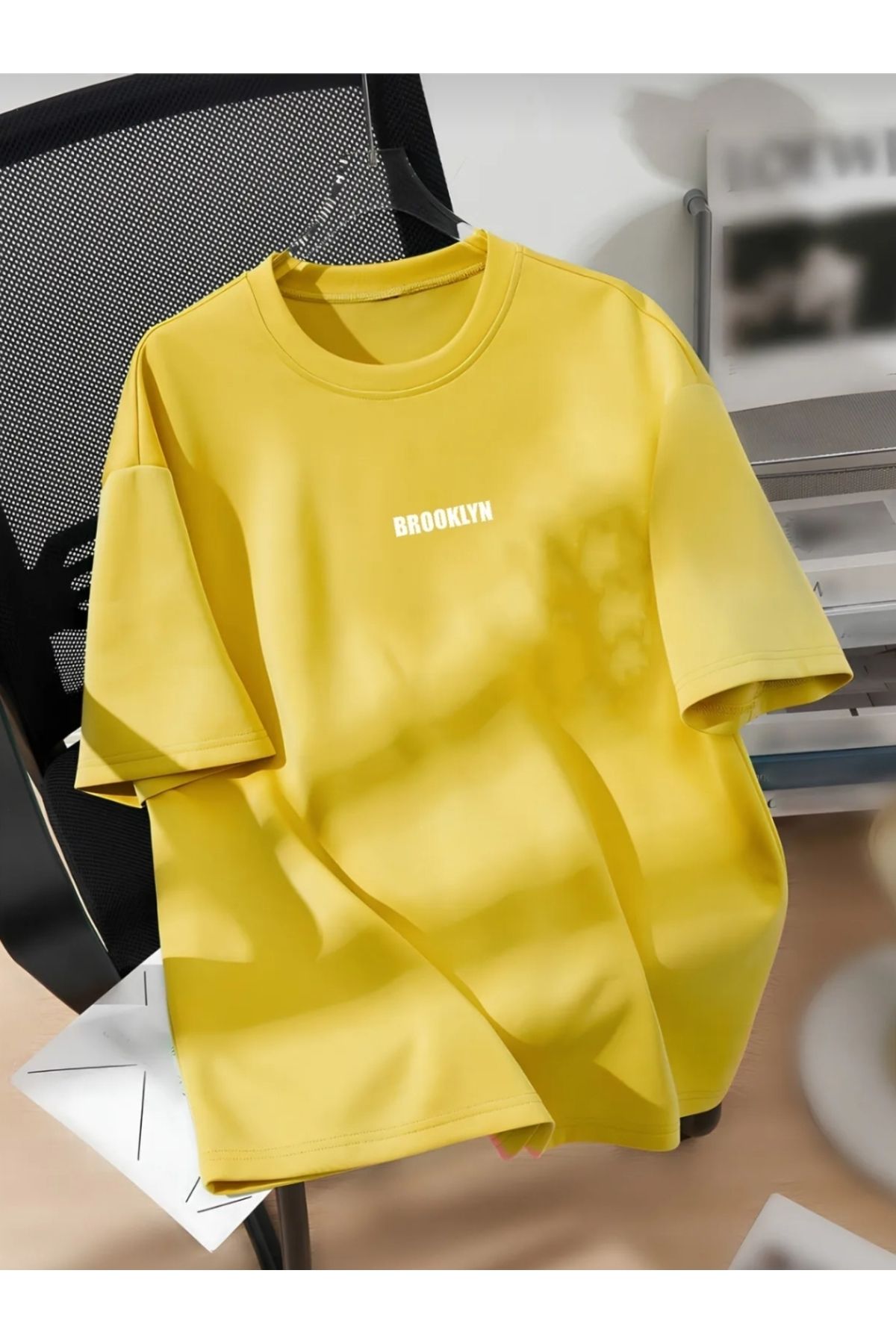Man Unisex Erkek/Kadın BROOKLYN Renkli Özel Baskılı Oversize Pamuklu Bisiklet Yaka T-shirt