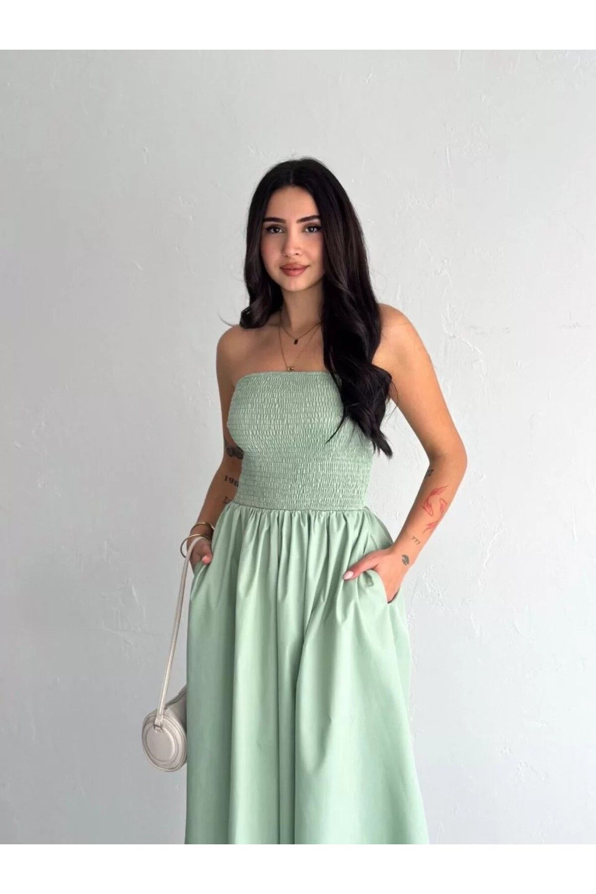 AMO Straplez Pileli Elbise - Su Yeşili