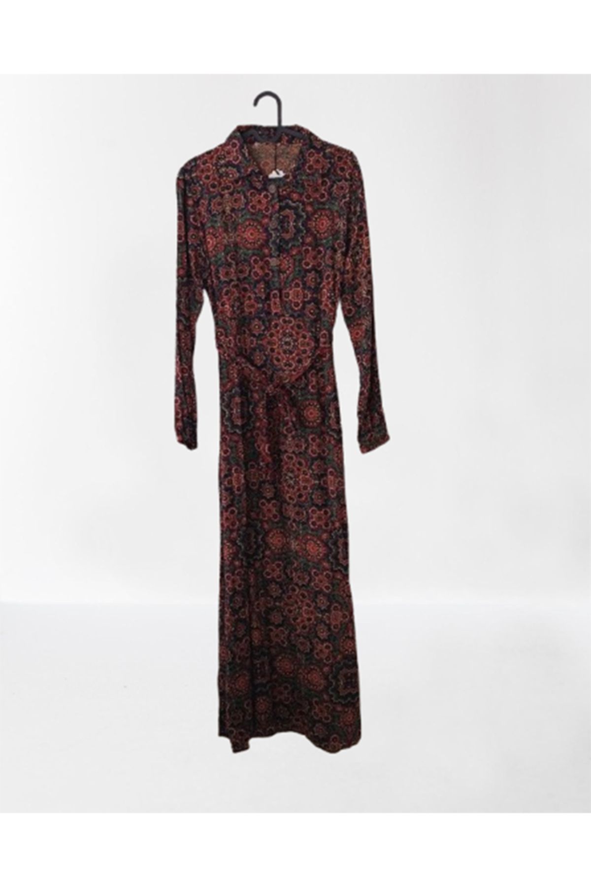 Namaste Vintage Geometrik etnik desenli kolları lastikli uzun gömlek elbise (%100 pamuk)