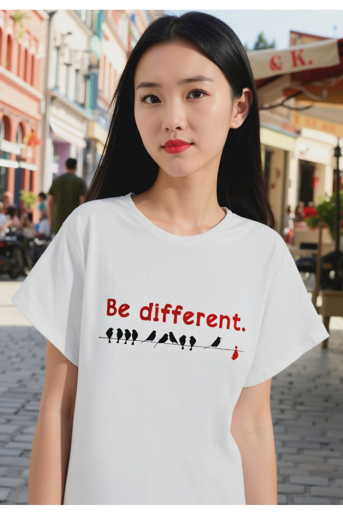 ELNOYA Unisex Pamuklu Beyaz Oversize "Be Different" Baskılı Rahat Günlük T-shirt