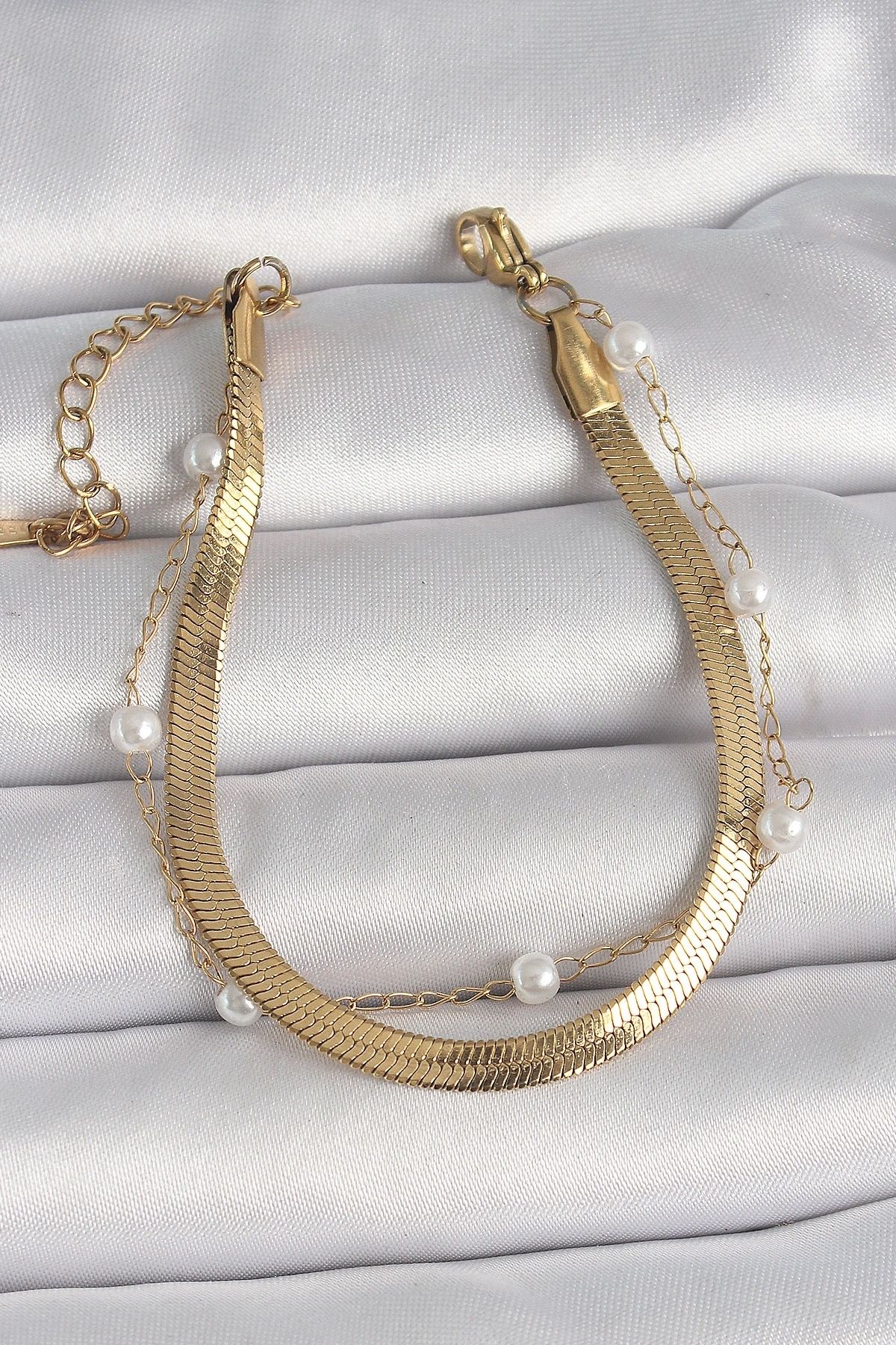 OurStyles 316L Çelik Gold Renk 2'Li İtalyan Zincir Model İnci Detay Kadın Bileklik - TJ-BB6663