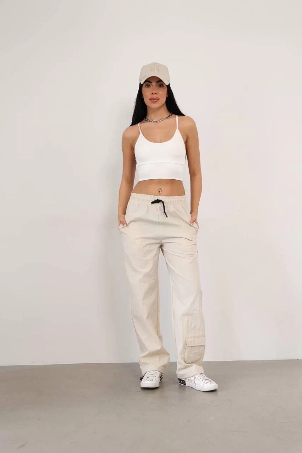 AMO Paraşüt Kumaş Kargo Ceplı Baggy Eşofman- Bej