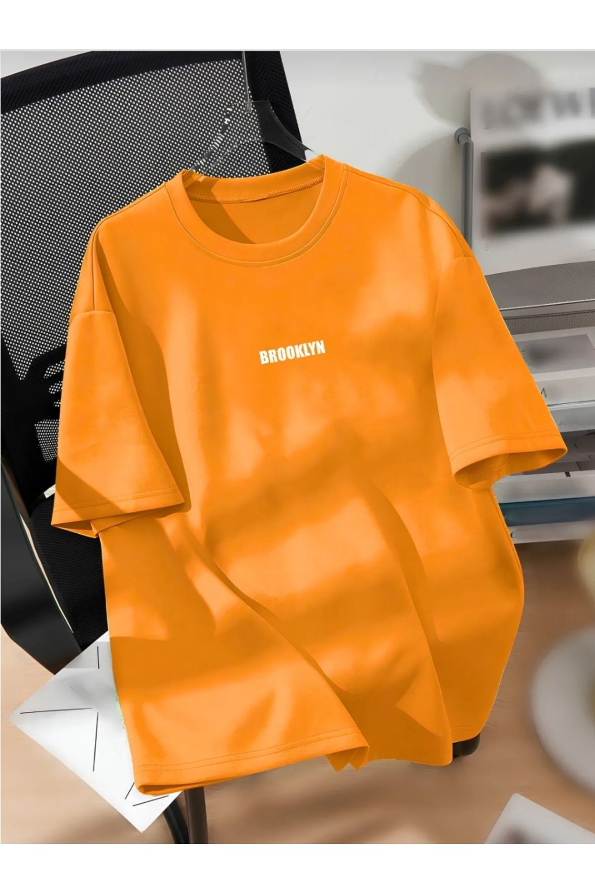 Man Unisex Erkek/Kadın BROOKLYN Renkli Özel Baskılı Oversize Pamuklu Bisiklet Yaka T-shirt