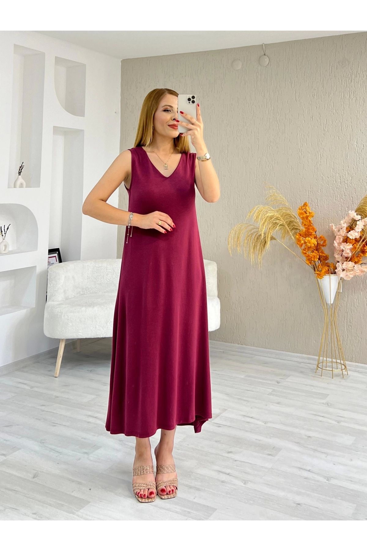 İrka Moda Pike Kumaş V Yaka Elbise Bordo
