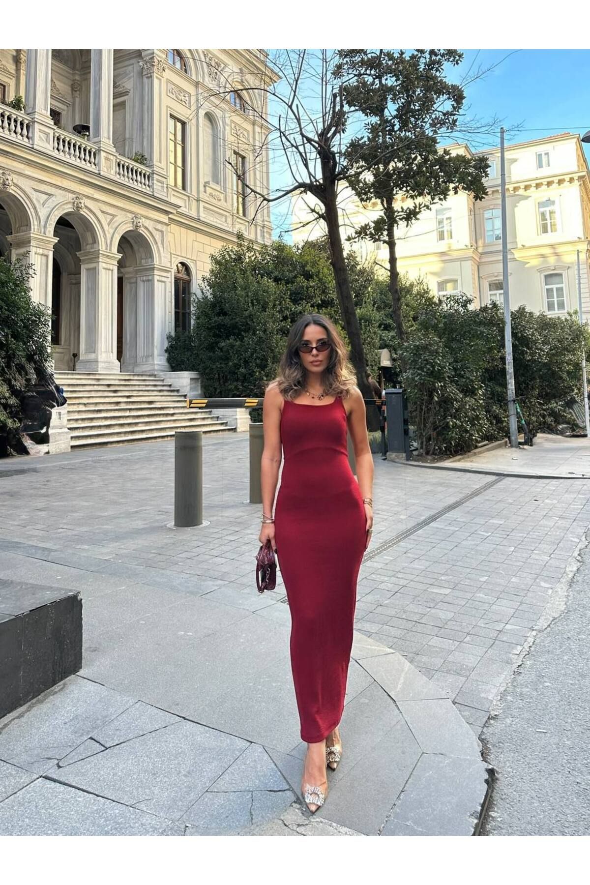 Butik Fit ribana elbise kalın askılı düz kesim esnek kumaş