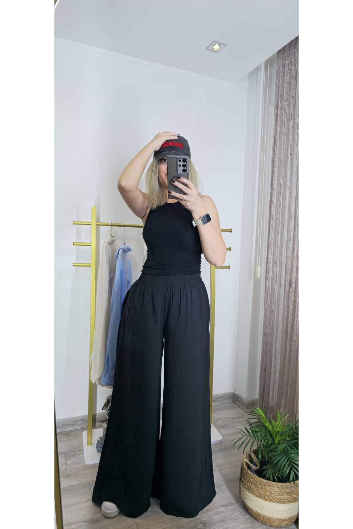 Butik SİYAH POPLİN KUMAŞ SALAŞ PANTOLON