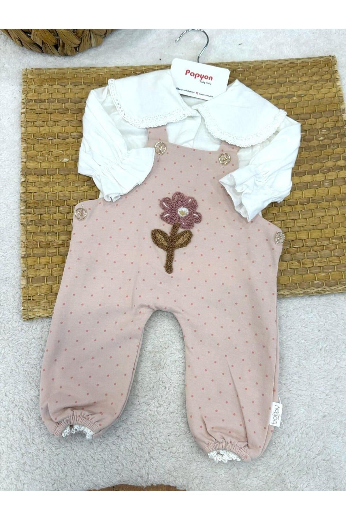 Papyon Baby Kids Süzene Çiçek Nakışlı Dantel Yakalı Bluzlu Kız Bebek Salopet Takım (0-3/3-6/6-9/9-12 Ay)