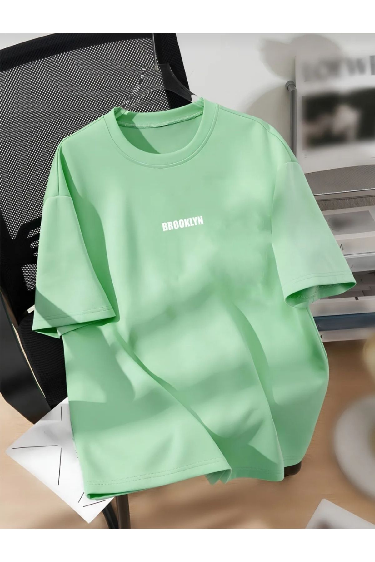 Man Unisex Erkek/Kadın BROOKLYN Renkli Özel Baskılı Oversize Pamuklu Bisiklet Yaka T-shirt