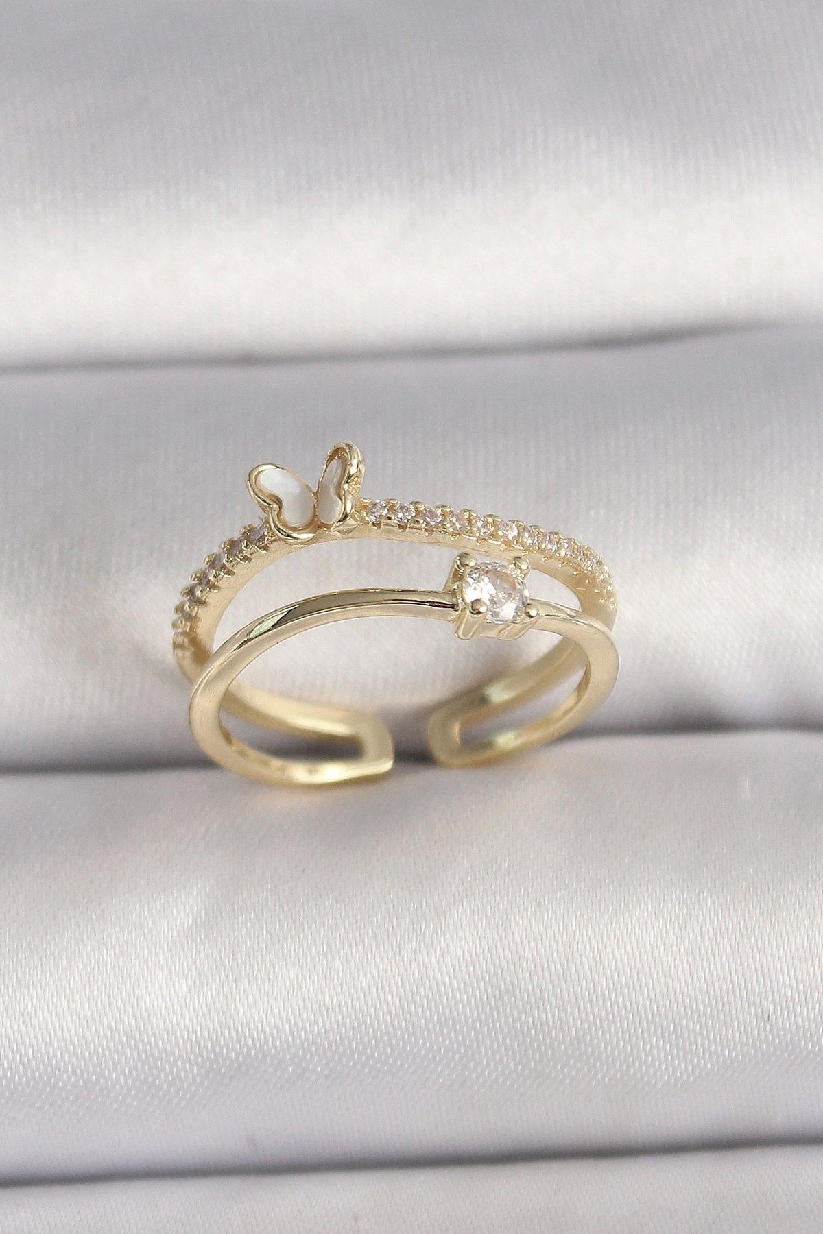 OurStyles Pirinç Gold Renk Zirkon Taş Detaylı Kelebek Figür Ayarlanabilir Yüzük - TJ-BYK3527