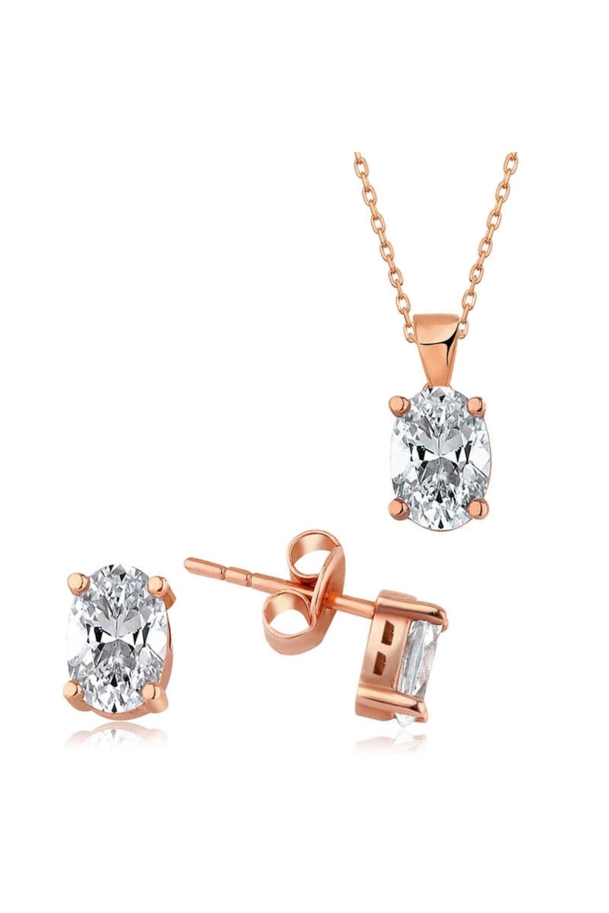minaydan 925 Ayar Gümüş Rose Oval Taş İkili Set