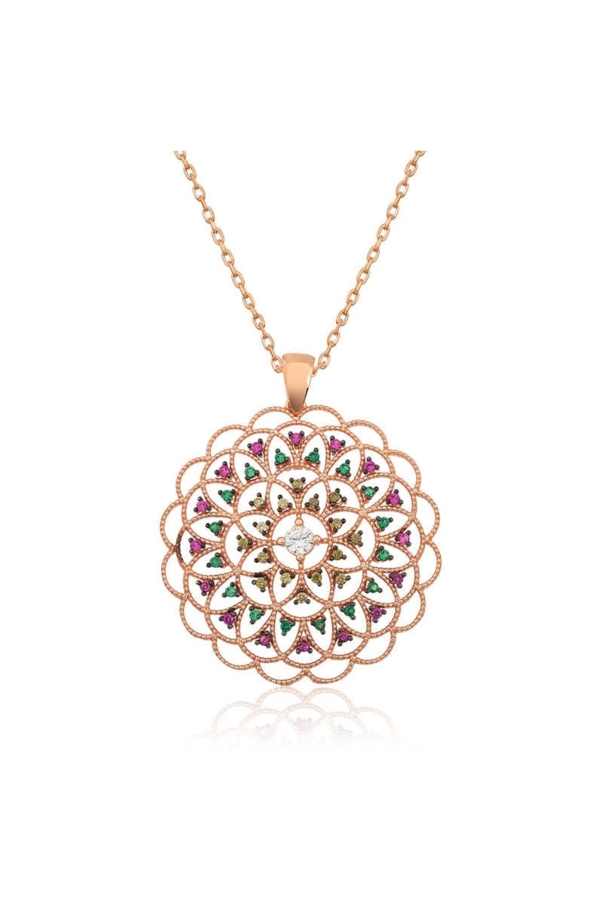 minaydan Gümüş Rose Geometrik Desenli Madalyon Kolye