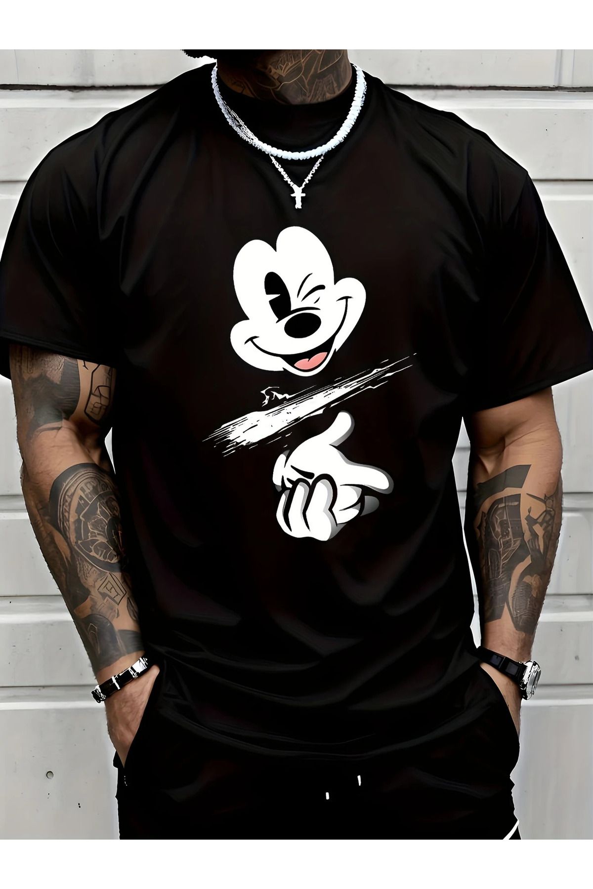 İnazuma Outdoors Unisex Oversize Baskılı Pamuklu Bisiklet Yaka Kısa Kollu SİYAH T-shirt Mickey
