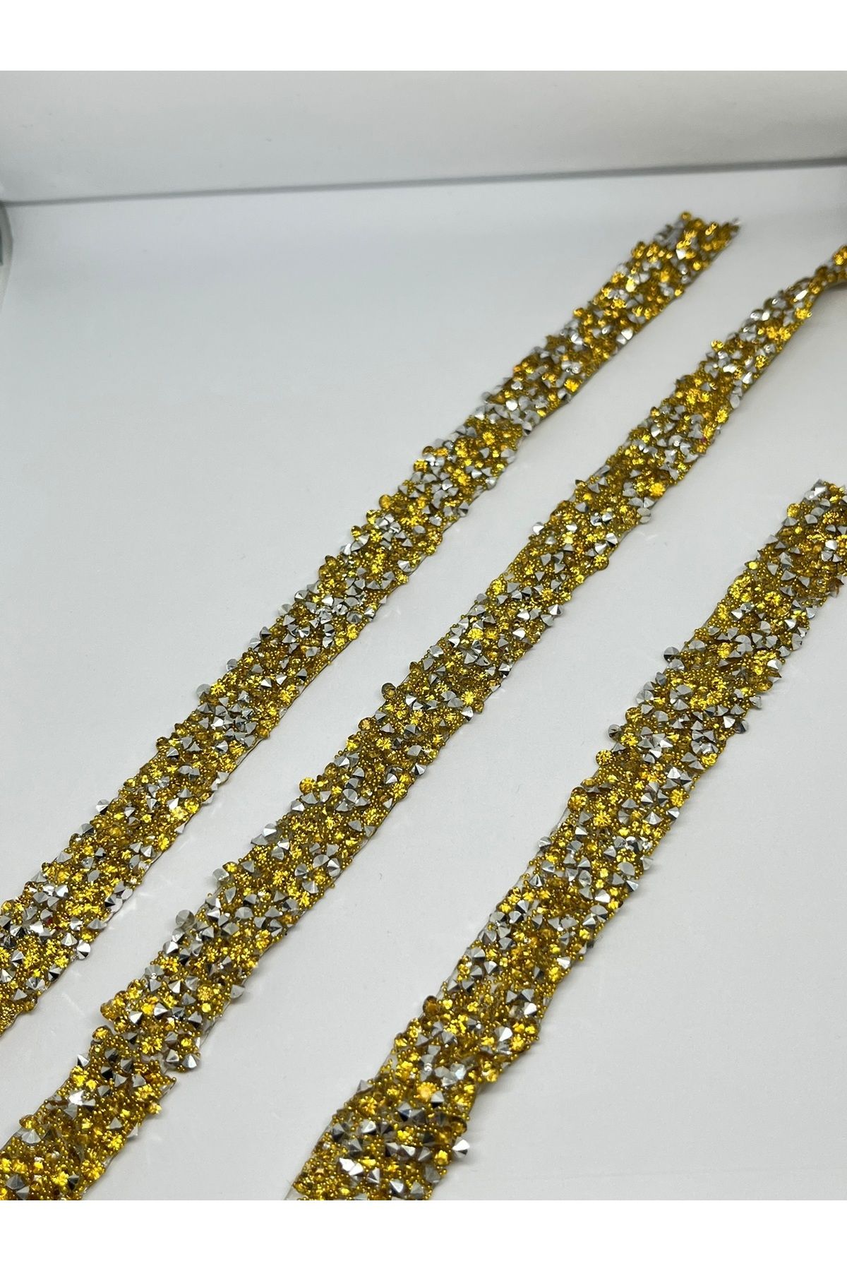 Tascim Aksesuar Taşlı Işıltılı Kristal Şerit | 1 cm en | Gold-Gümüş