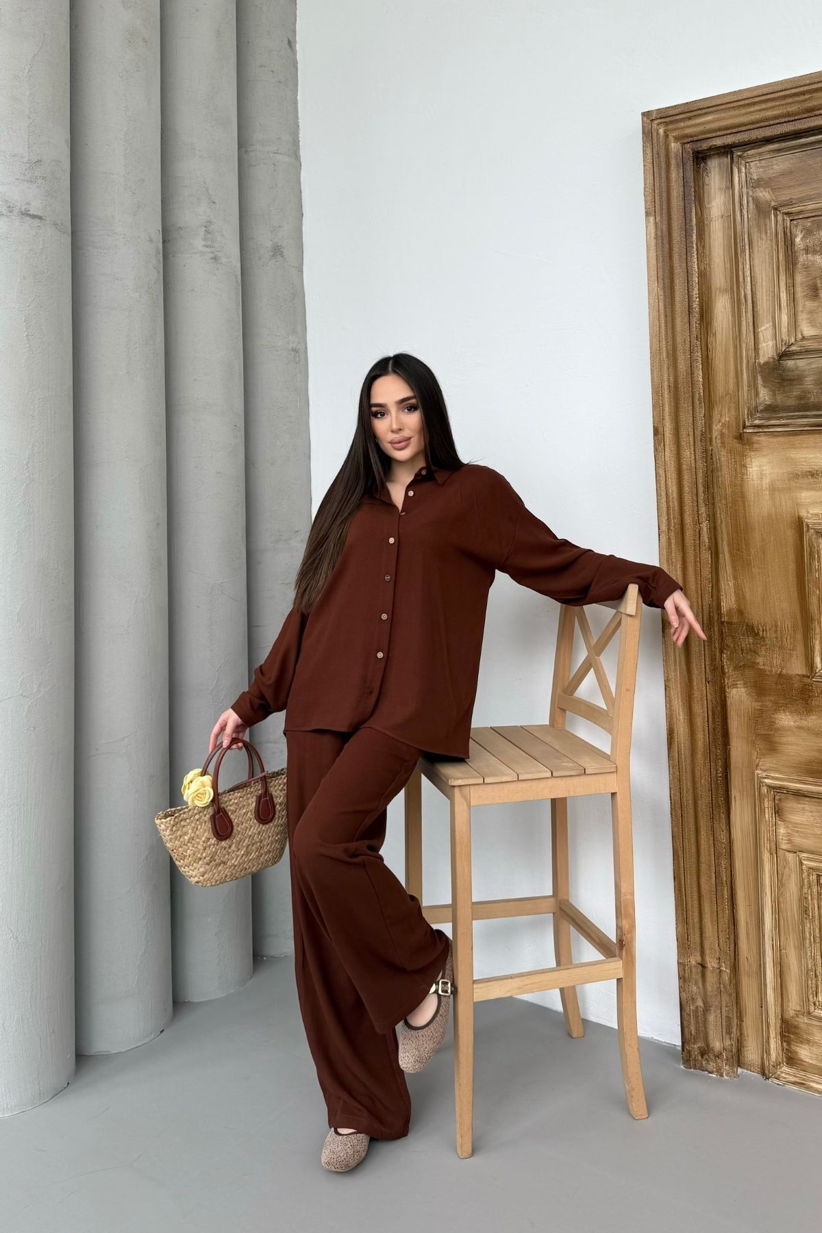 Mezka Kadın İkili Rahat Kesim Keten Gömlek Pantolon Alt Üst Takım