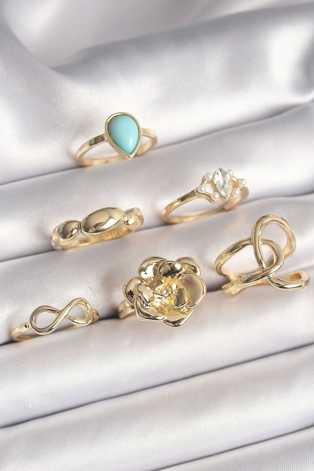 OurStyles Pirinç Gold Renk Çiçek Model Model Sonsuzluk Zirkon Taş Detaylı 6'Lı Kadın Yüzük Seti - TJ-BYK3612