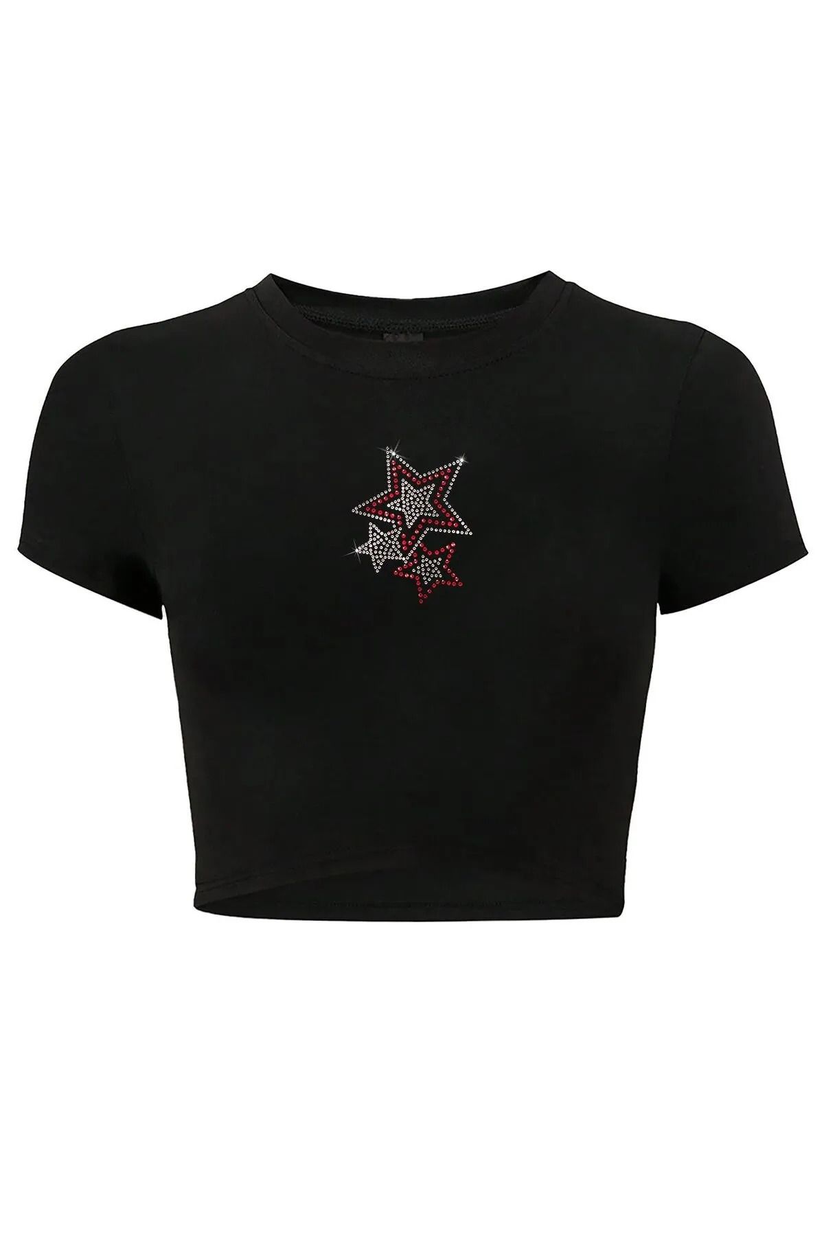 Bozz&Bozz Collection Kadın Renkli Yıldız Kristal Taş Baskılı Crop T-shirt