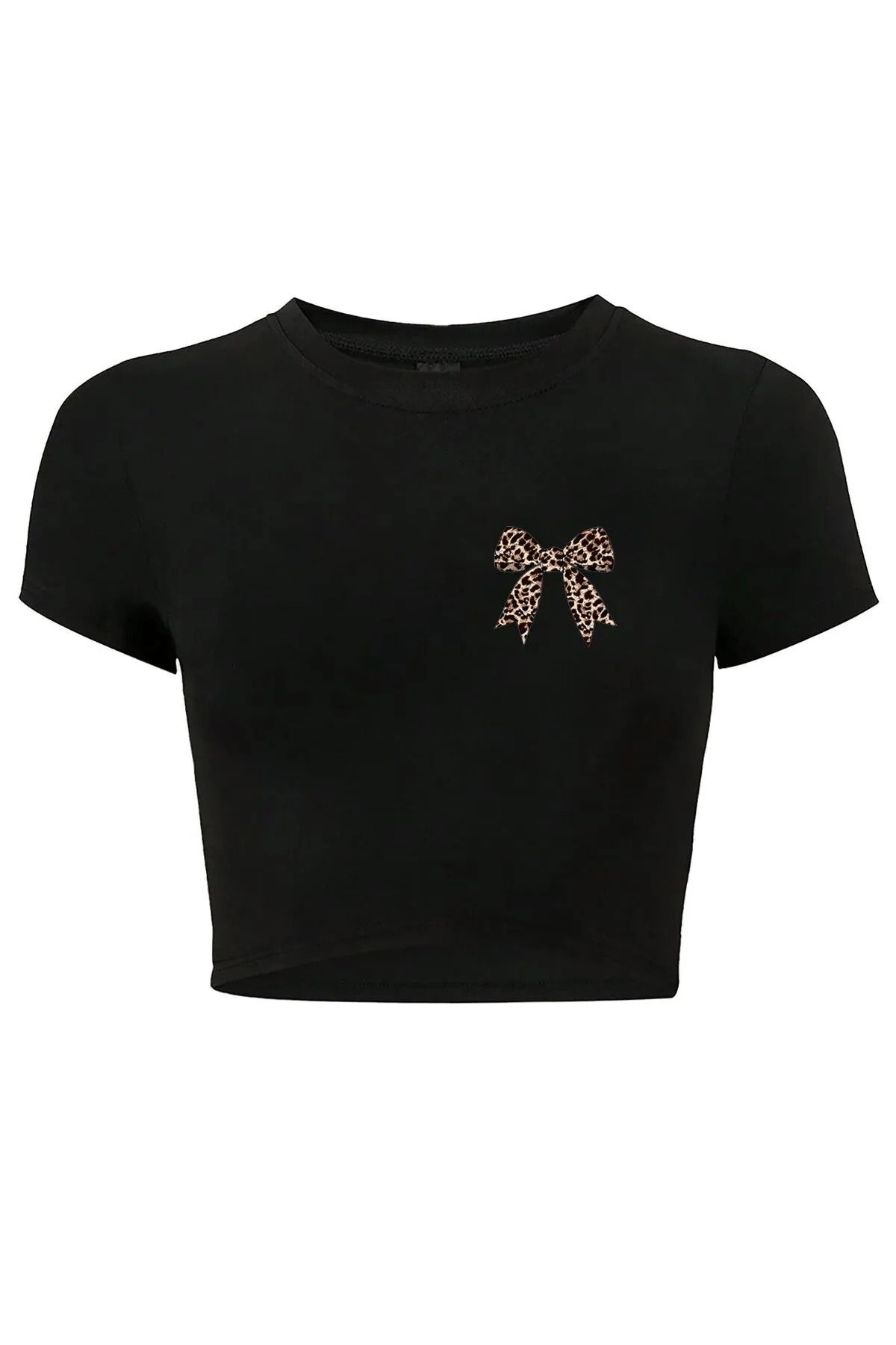 Bozz&Bozz Collection Kadın Leopar Kurdele Crop T-shirt