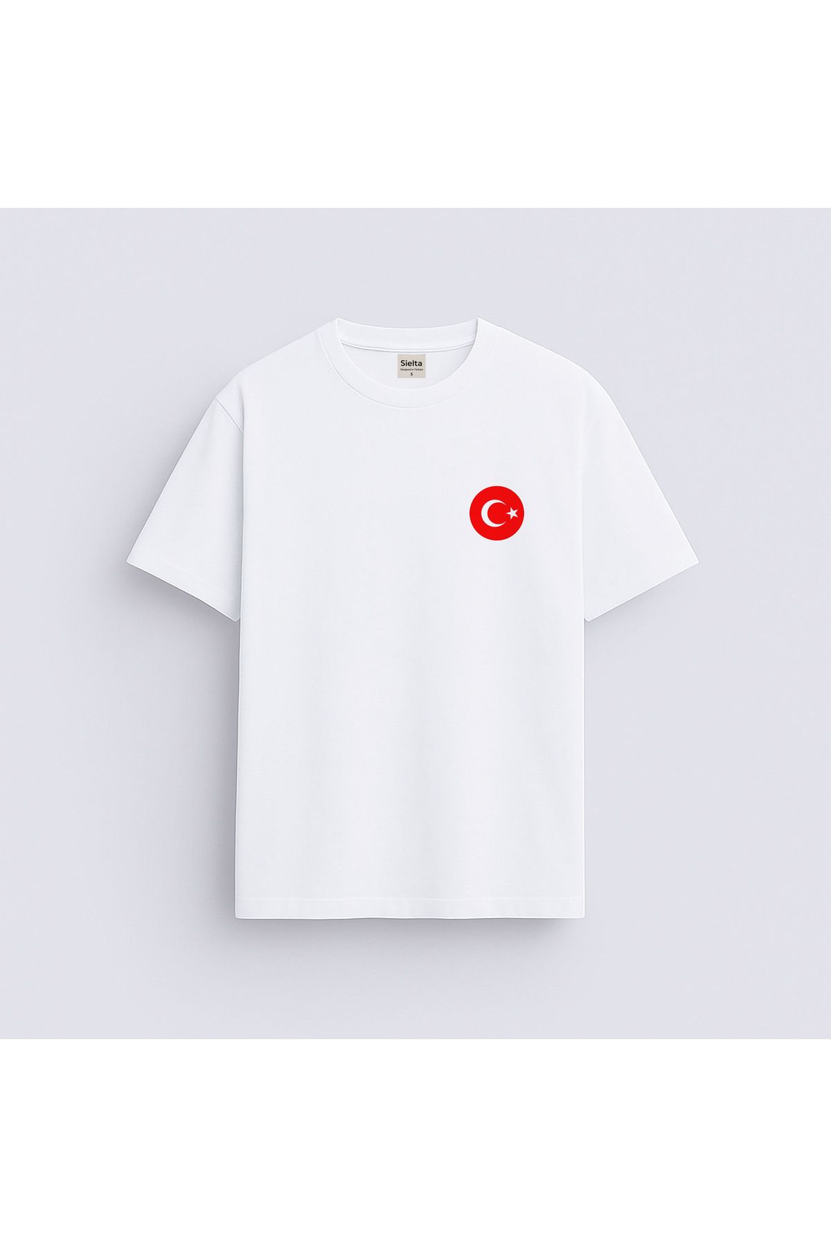 sielta Türk Bayrağı Ay Yıldız Baskılı Bisiklet Yaka Çocuk Yetişkin Beyaz Tişört T-hsirt