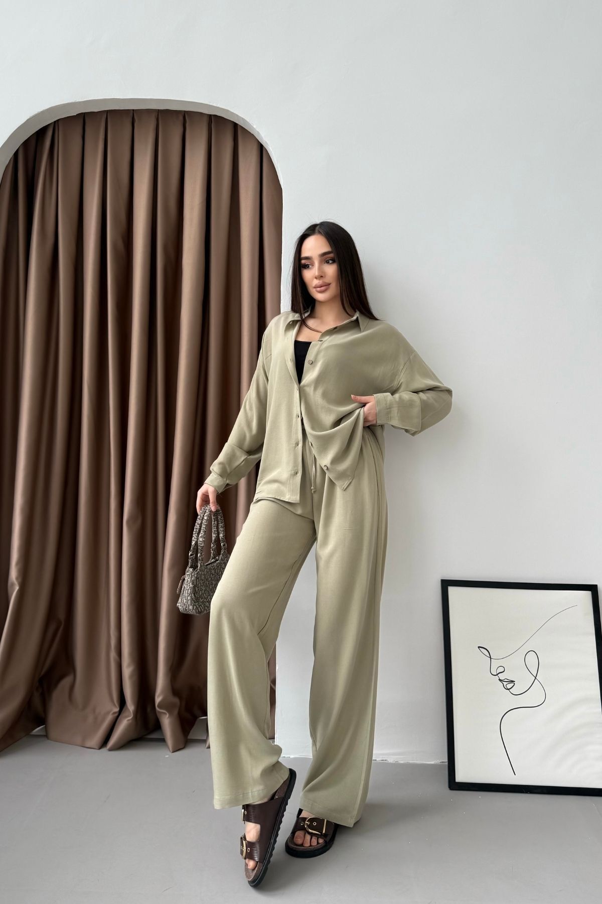 Mezka Kadın İkili Rahat Kesim Keten Gömlek Pantolon Alt Üst Takım
