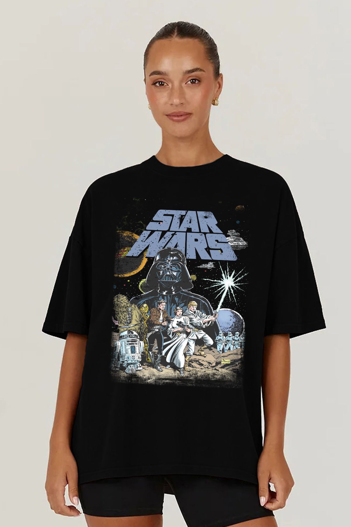 MODA Star Wars Darth Vader Yıldız Savaşları Baskılı Oversize Kalıp Siyah Geniş Bol Kesim Kadın Tişört