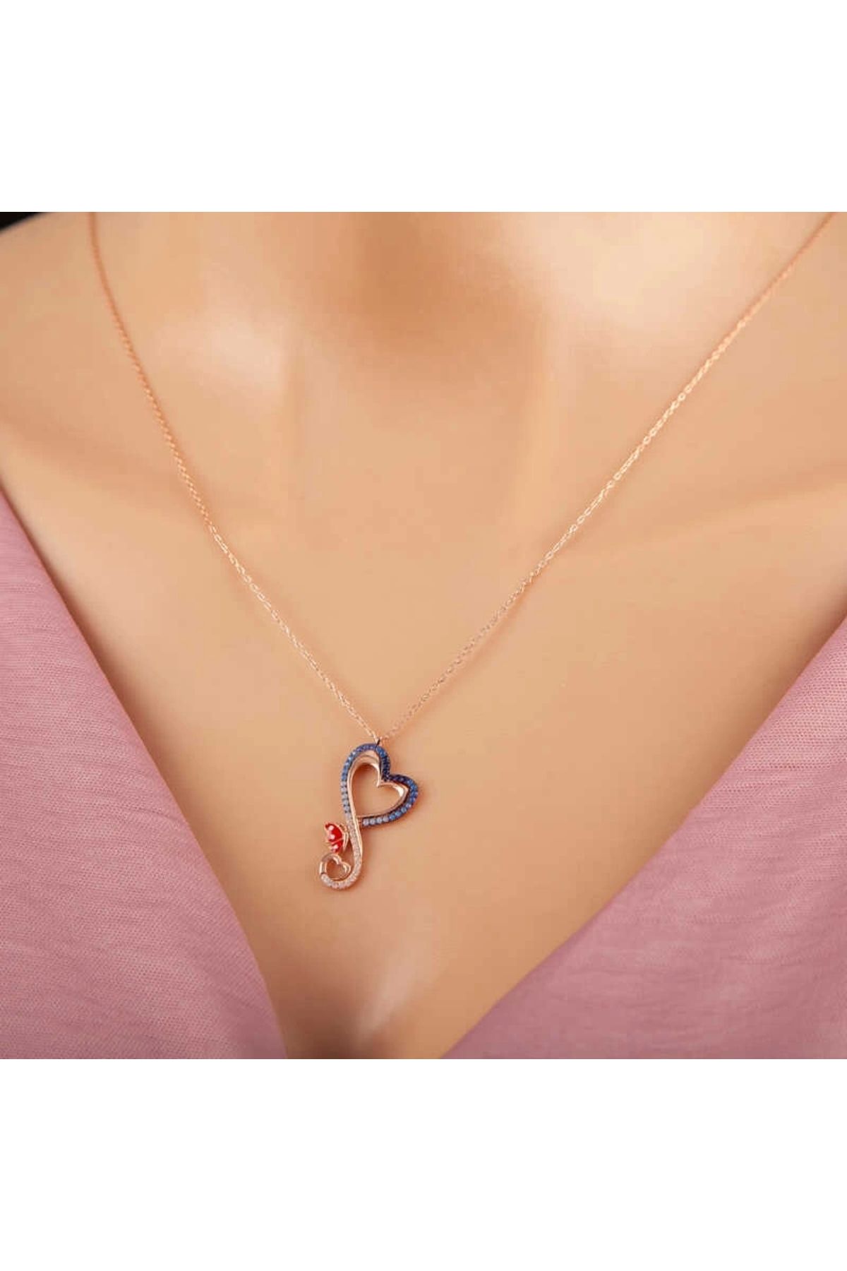 minaydan Gümüş Rose Kalpli Kelebek Kadın Kolye