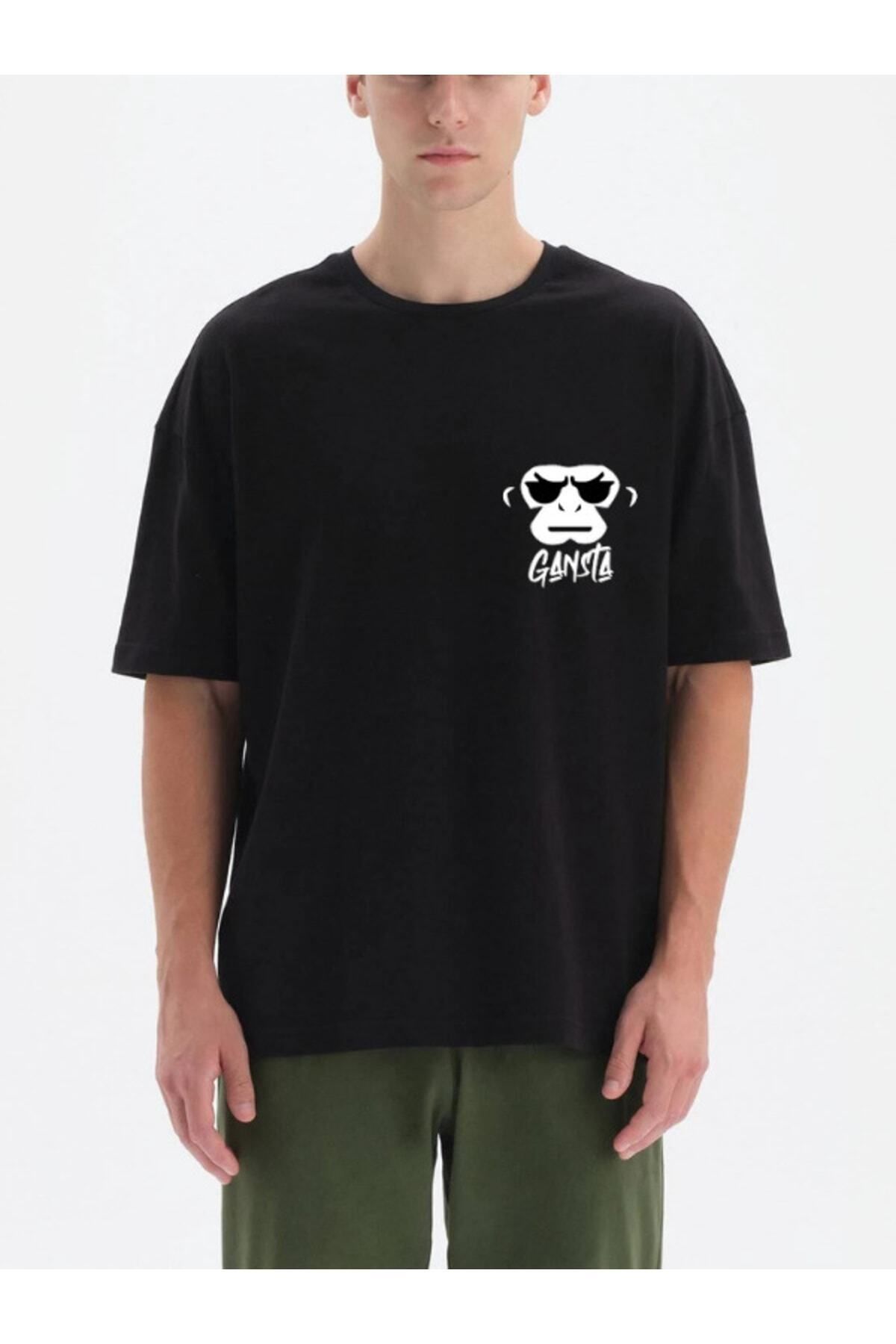 Pisa Art "gansta Maymun" Baskılı Siyah Oversize Erkek Tshirt
