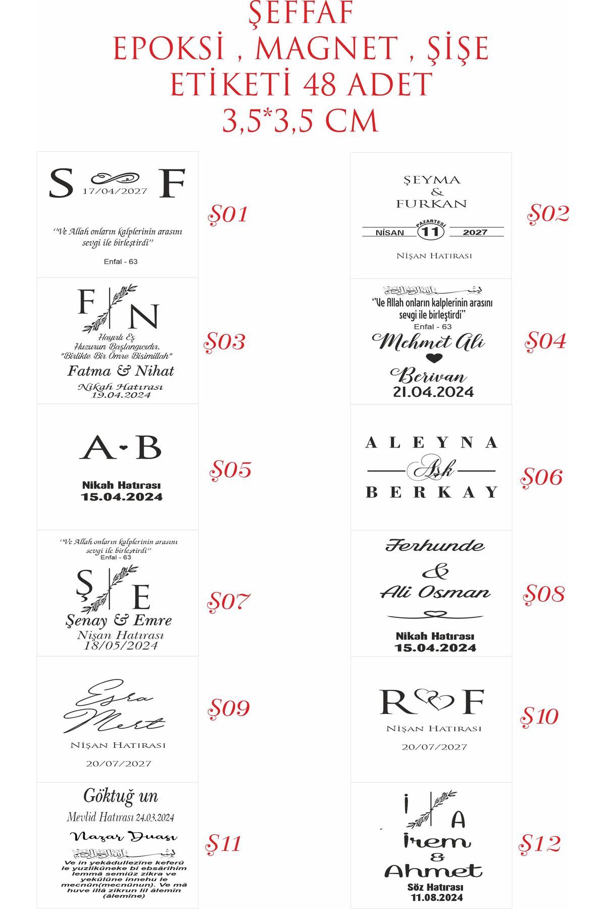 43 cici süsler organizasyon Kişiye Özel Kına-nişan-nikah-düğün Etiket 48 Adet Şeffaf Sticker 3,5x3,5cm Kare