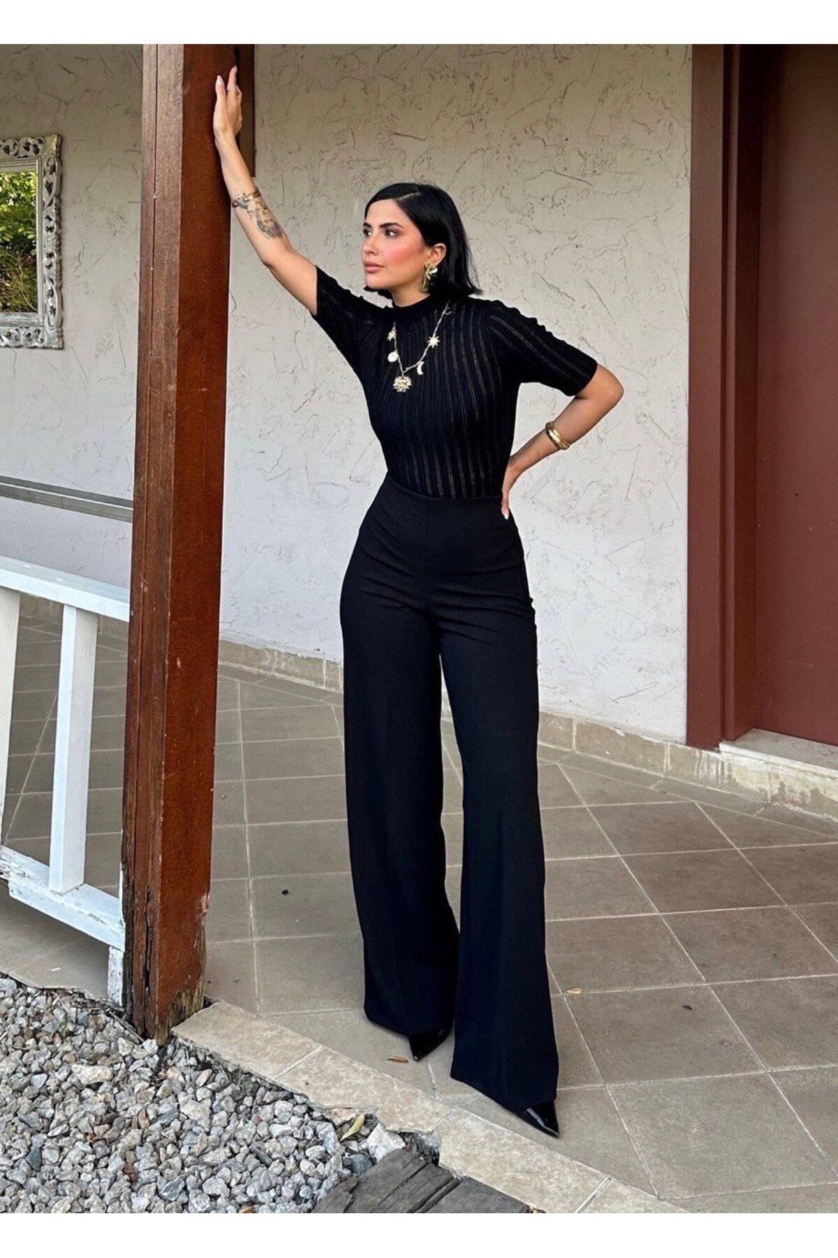 Butik Yandan Fermuarlı Yüksek Bel Kemersiz Palazzo Pantolon
