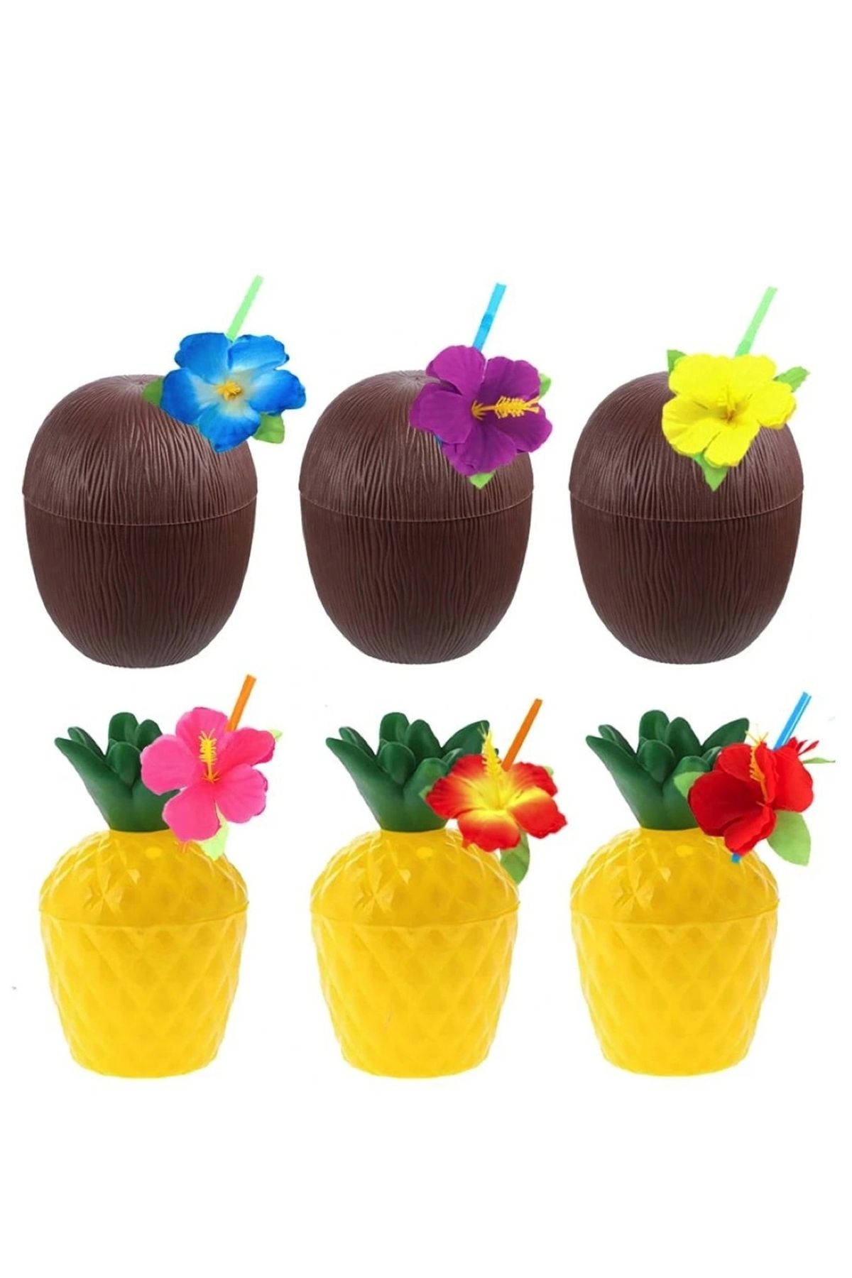 OurStyles Ananas & Hindistan Cevizi Tasarımlı Pipetli Bardak Seti (6 Adet)