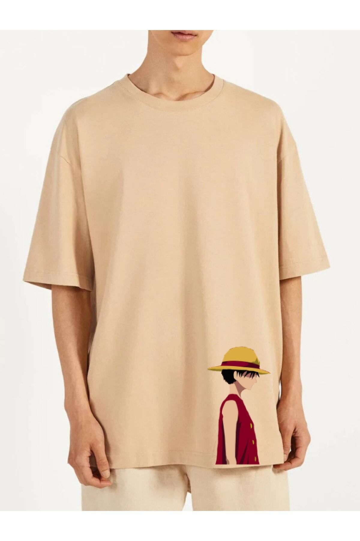 Pisa Art Monkey D. Luffy Baskılı Bej/krem Oversize Erkek Tshirt