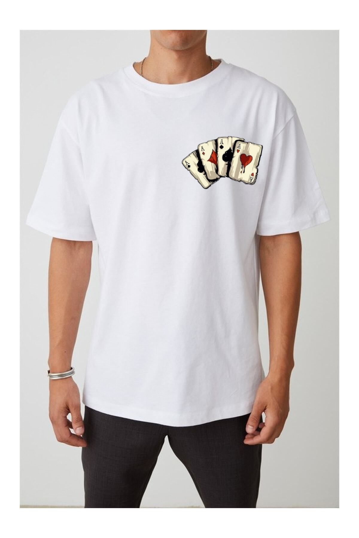Pisa Art İskambil Asları Baskılı Beyaz Oversize Erkek Unisex Tshirt
