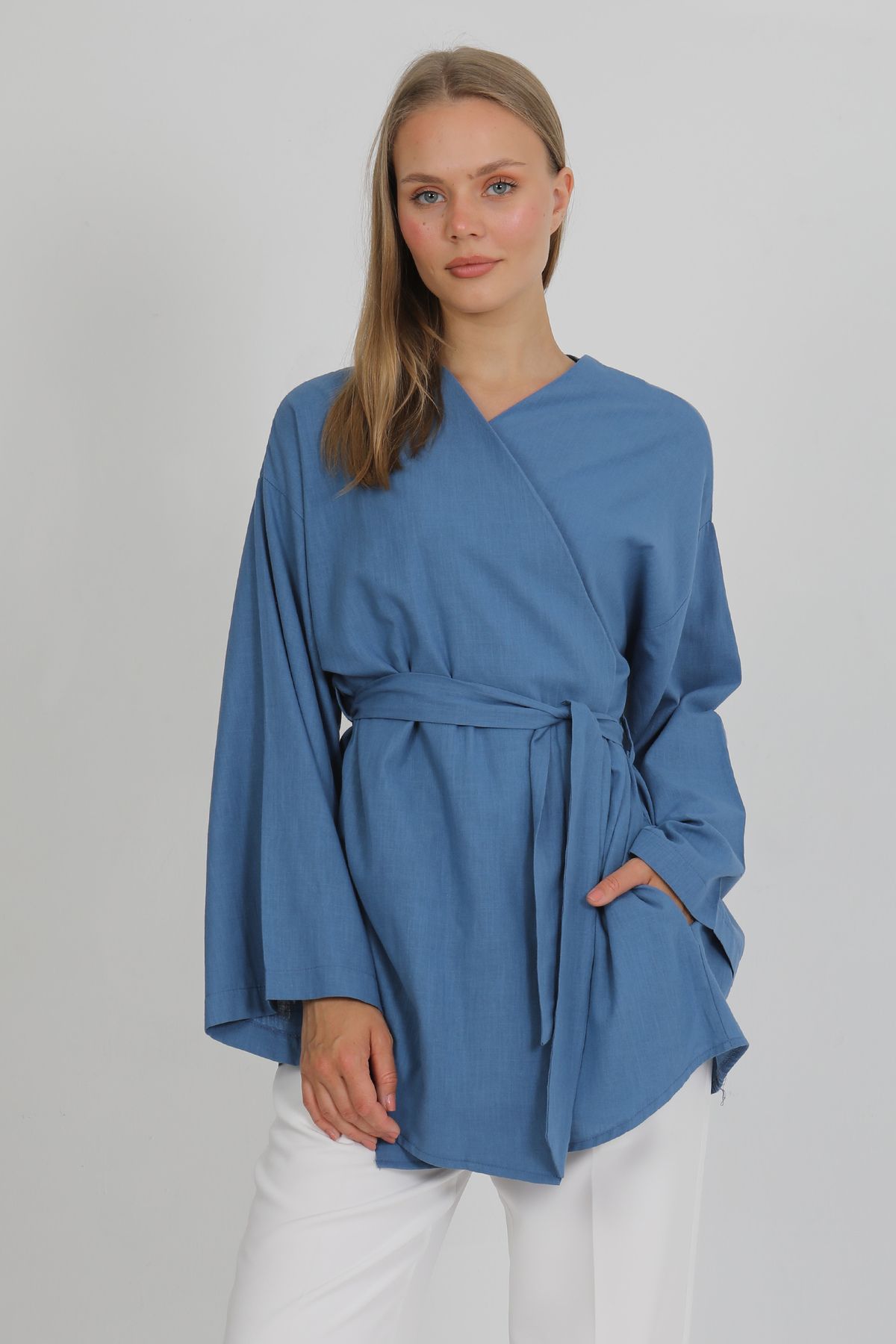 PASTELASTORE %100 Pamuk Keten Cepli Kemerli Yazlık Kadın Kimono 1166 - Nefes Alan Doğal Kumaş