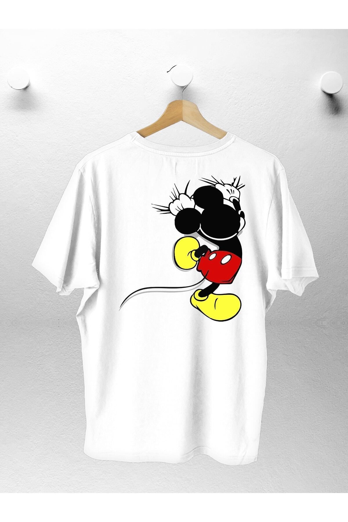 Pisa Art Unisex Kadın Erkek Tırmanan Mickey Mouse Baskılı Oversize Beyaz T-shirt