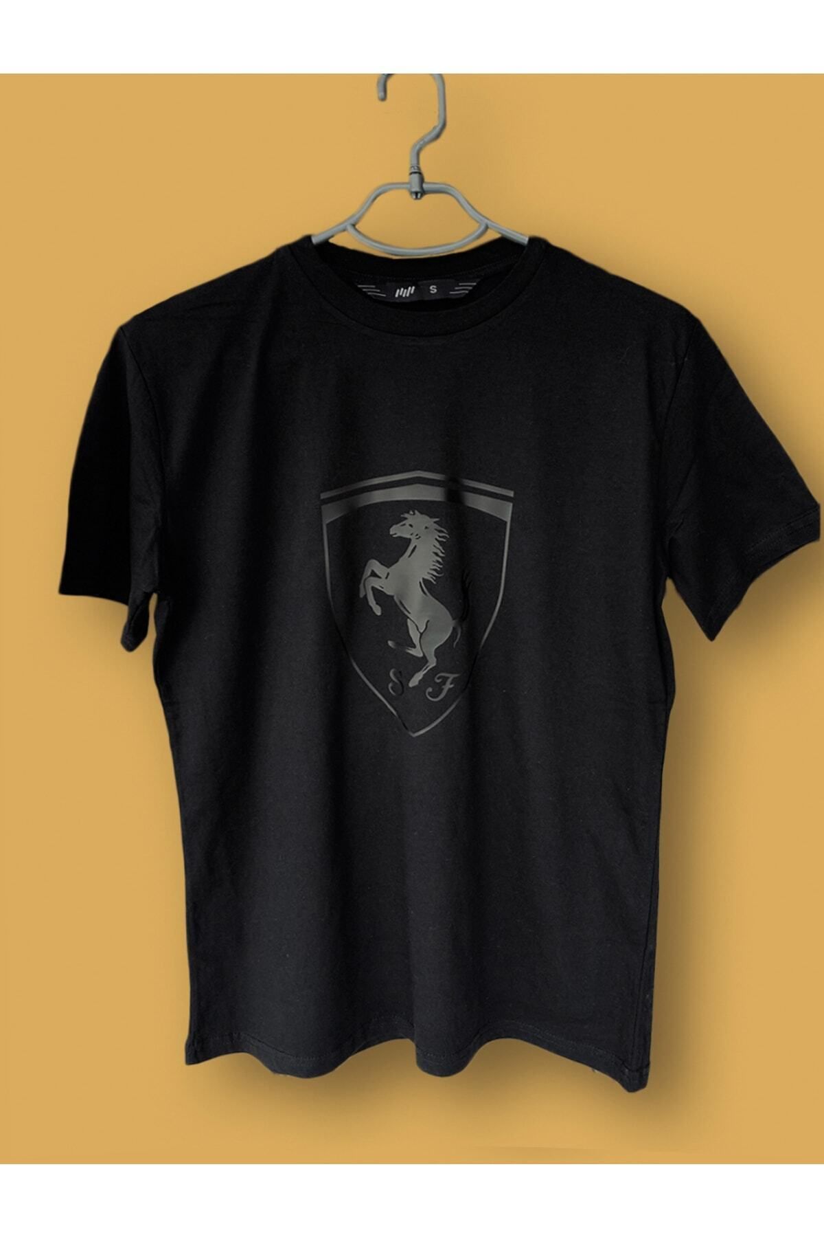 Pisa Art Ferrari Büyük Logo Siyah Mat Baskılı T-shirt
