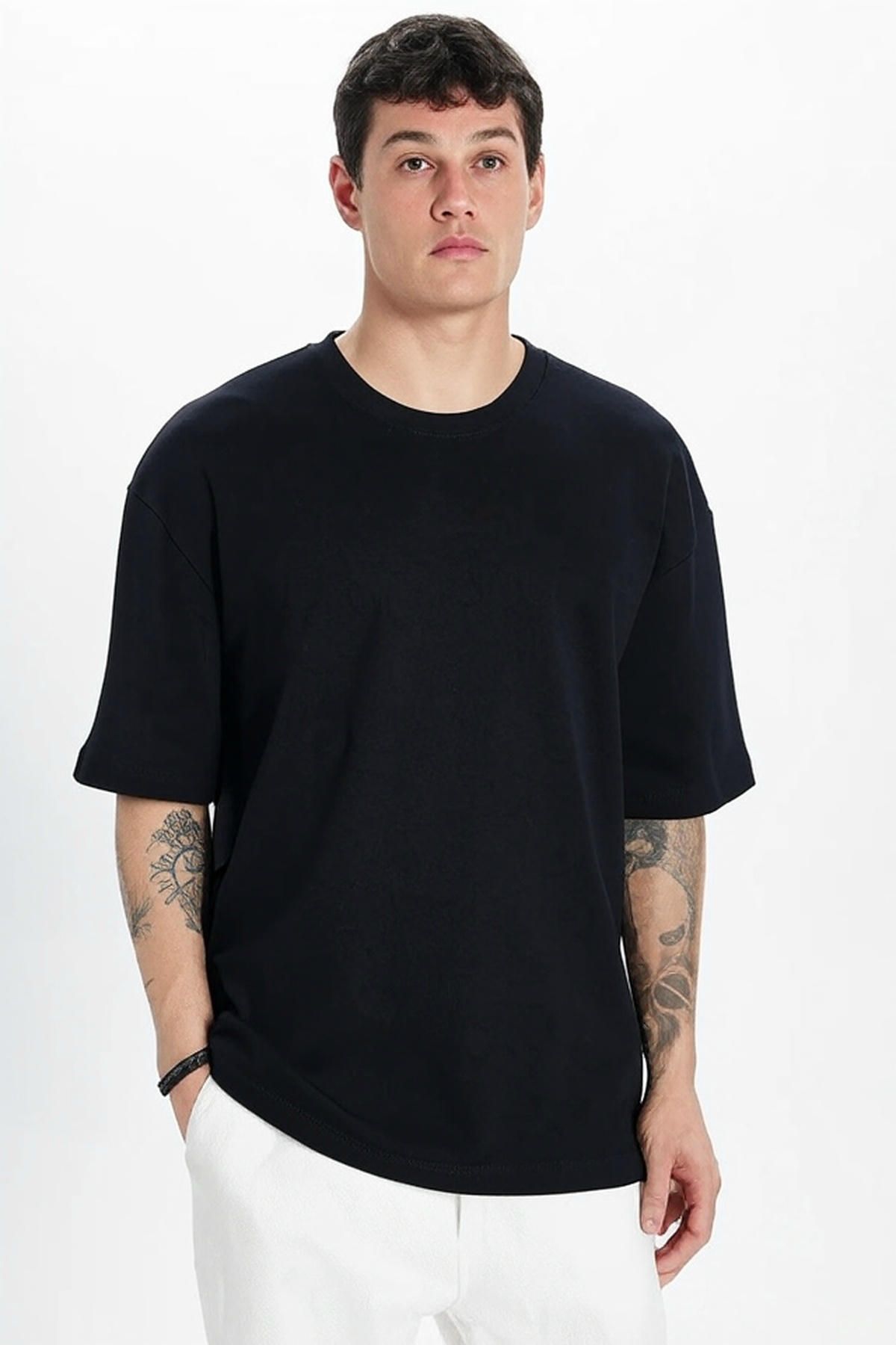 Glowery Unisex Oversize %100 Pamuk Yumuşak Dokulu Siyah Bisiklet Yaka Rahat Oversize Tişört