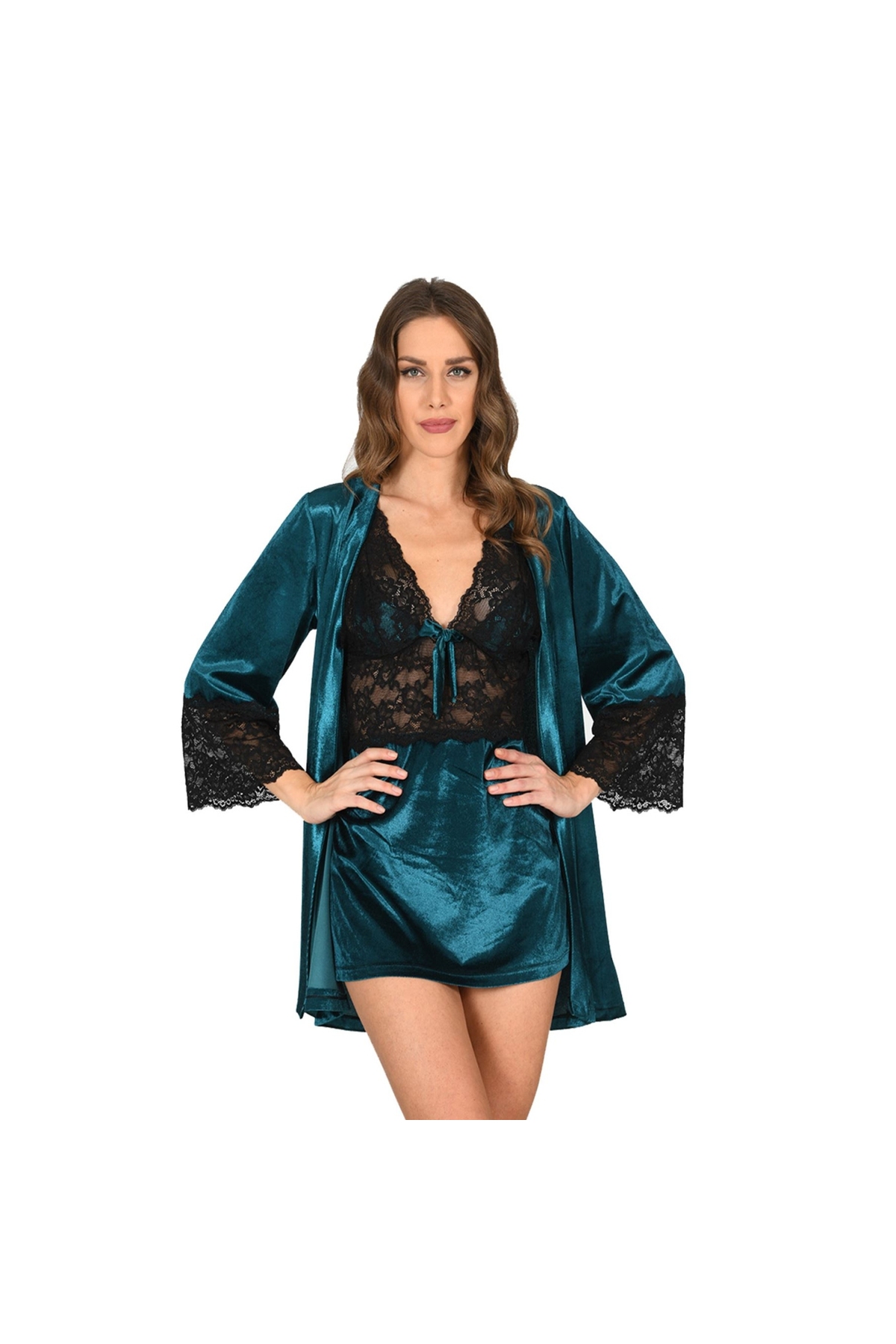 Narnuga Petrol Yeşili Kadife Sabahlık & Gecelik Takım 2' Li - 1443