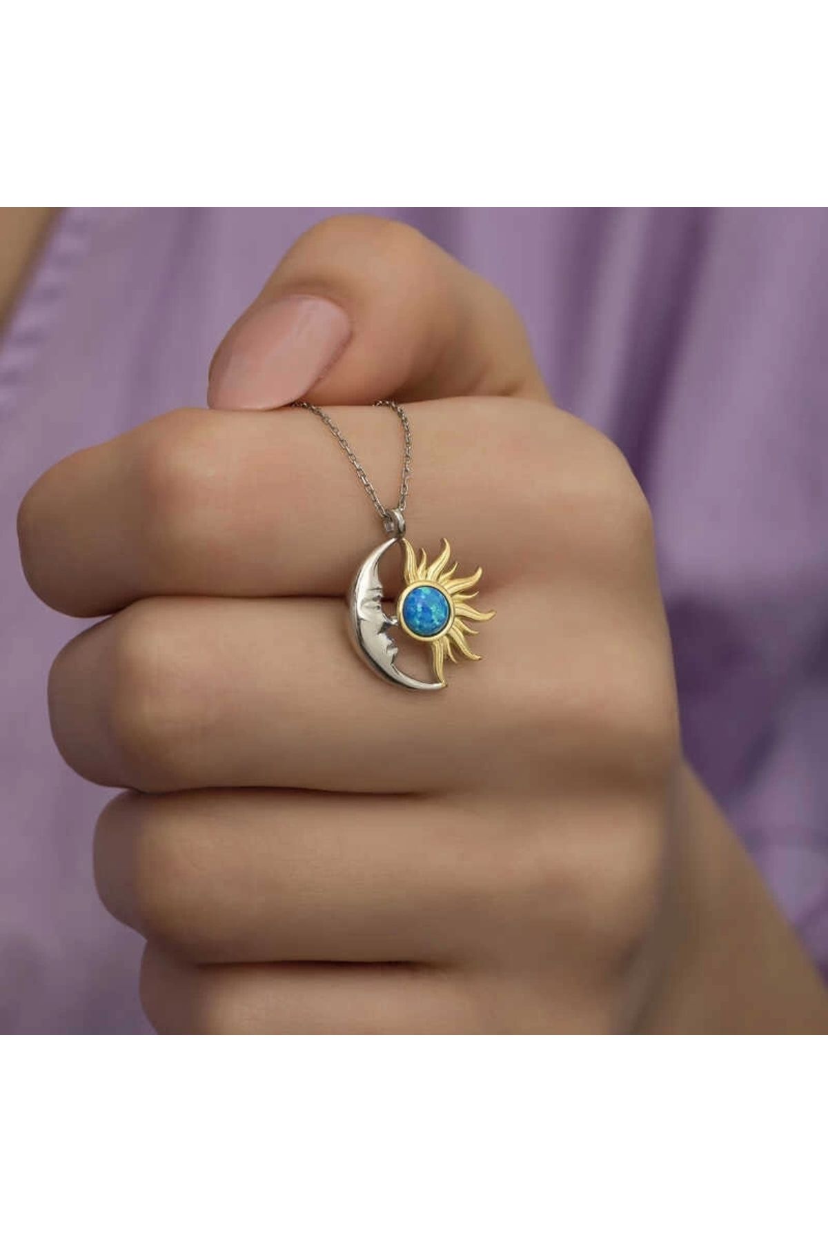 minaydan 925 Ayar Gümüş Opal Mavi Taşlı Ay Güneş Kadın Kolye