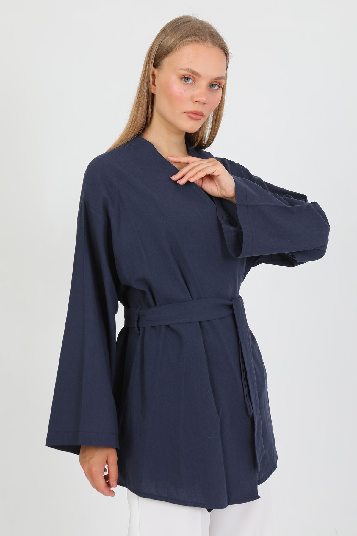PASTELASTORE %100 Pamuk Keten Cepli Kemerli Yazlık Kadın Kimono 1166 - Nefes Alan Doğal Kumaş