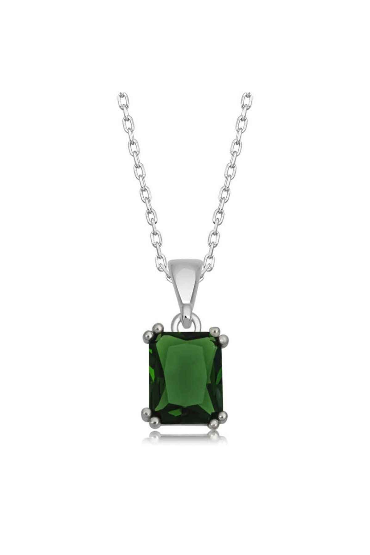 minaydan 925 Ayar Gümüş Yeşil Kristal Kare Taşlı Kadın Gümüş Kolye