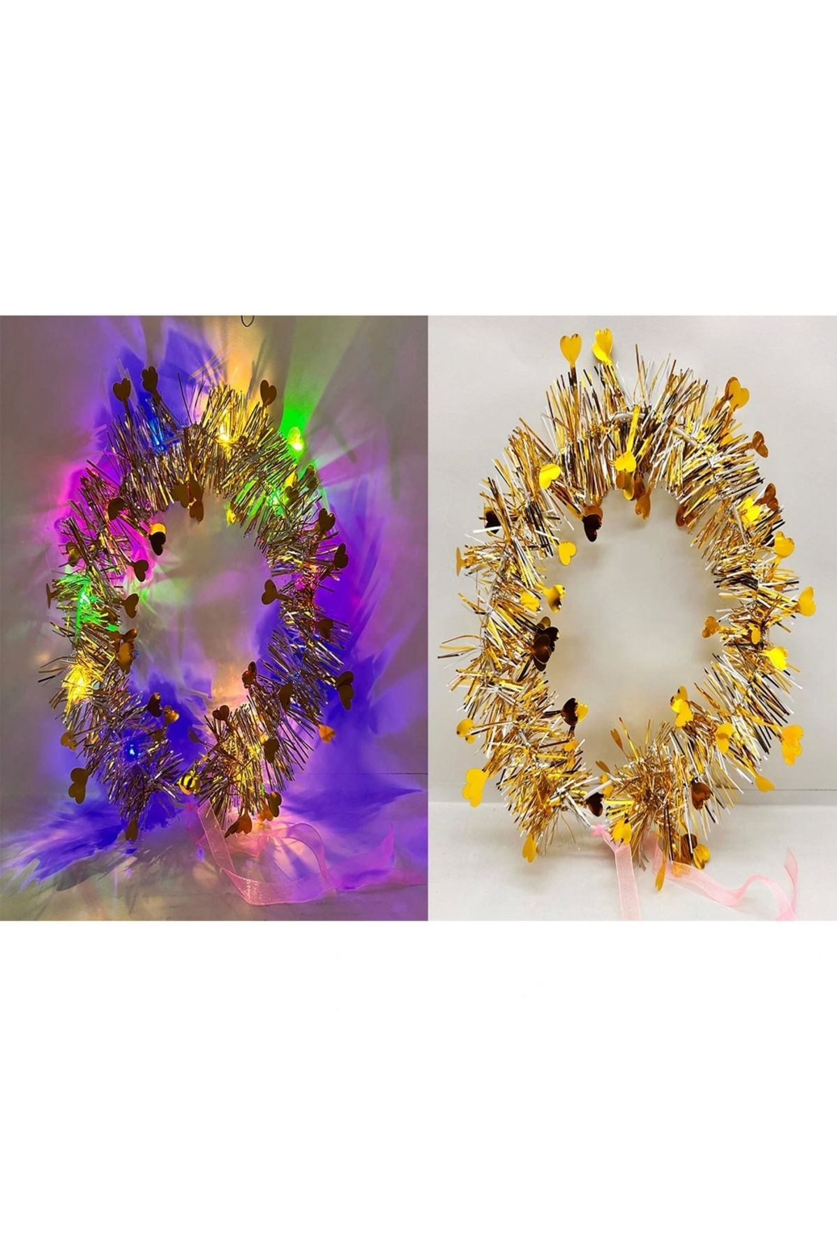 OurStyles Kalp Püsküllü Gece Parıltısı 3 Modlu LED li Işıklı Taç Altın Renk
