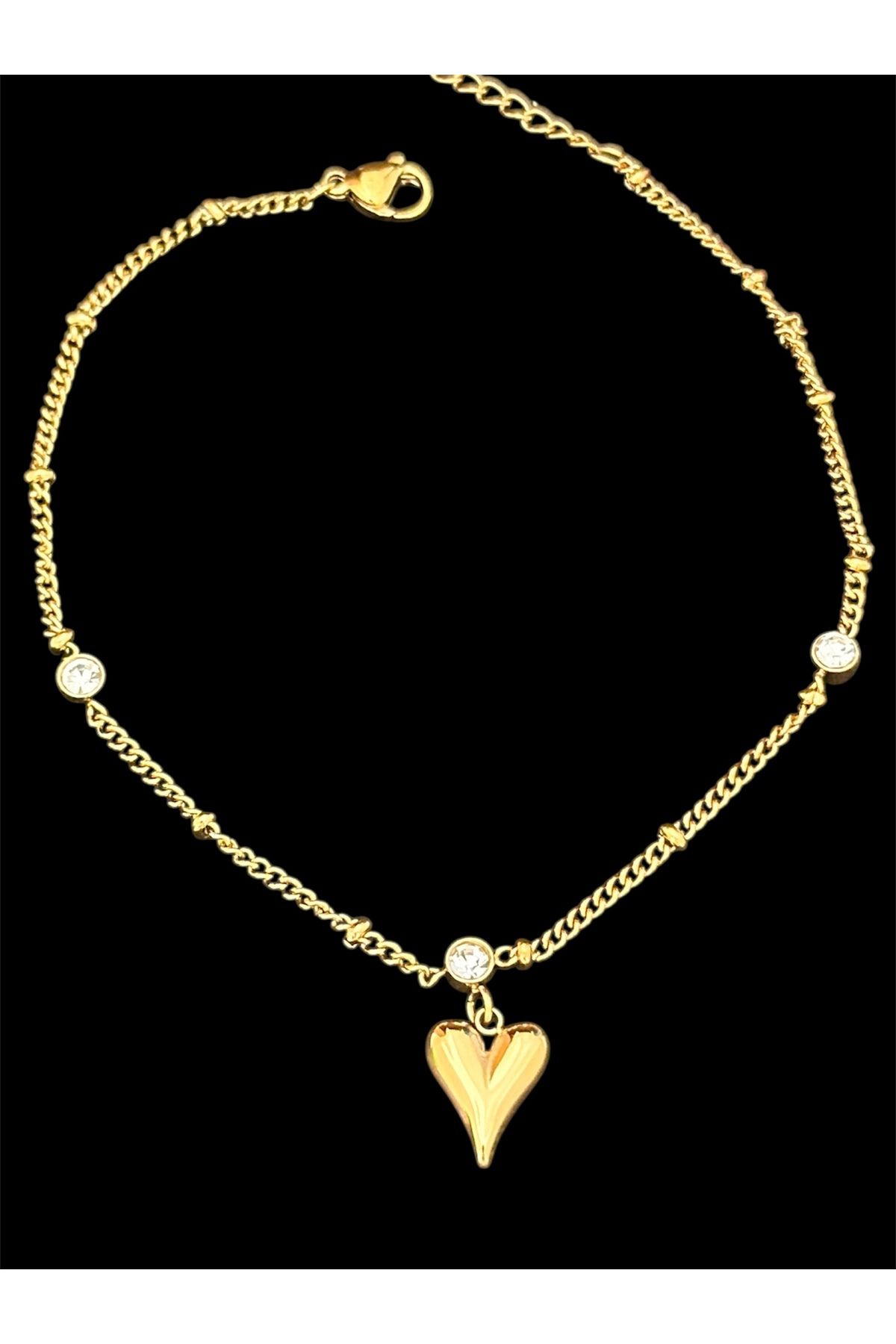 lolajewelry luxury steel gold renk dorika zincirli zirkon taşlı boncuk kalp figürlü çelik Halhal