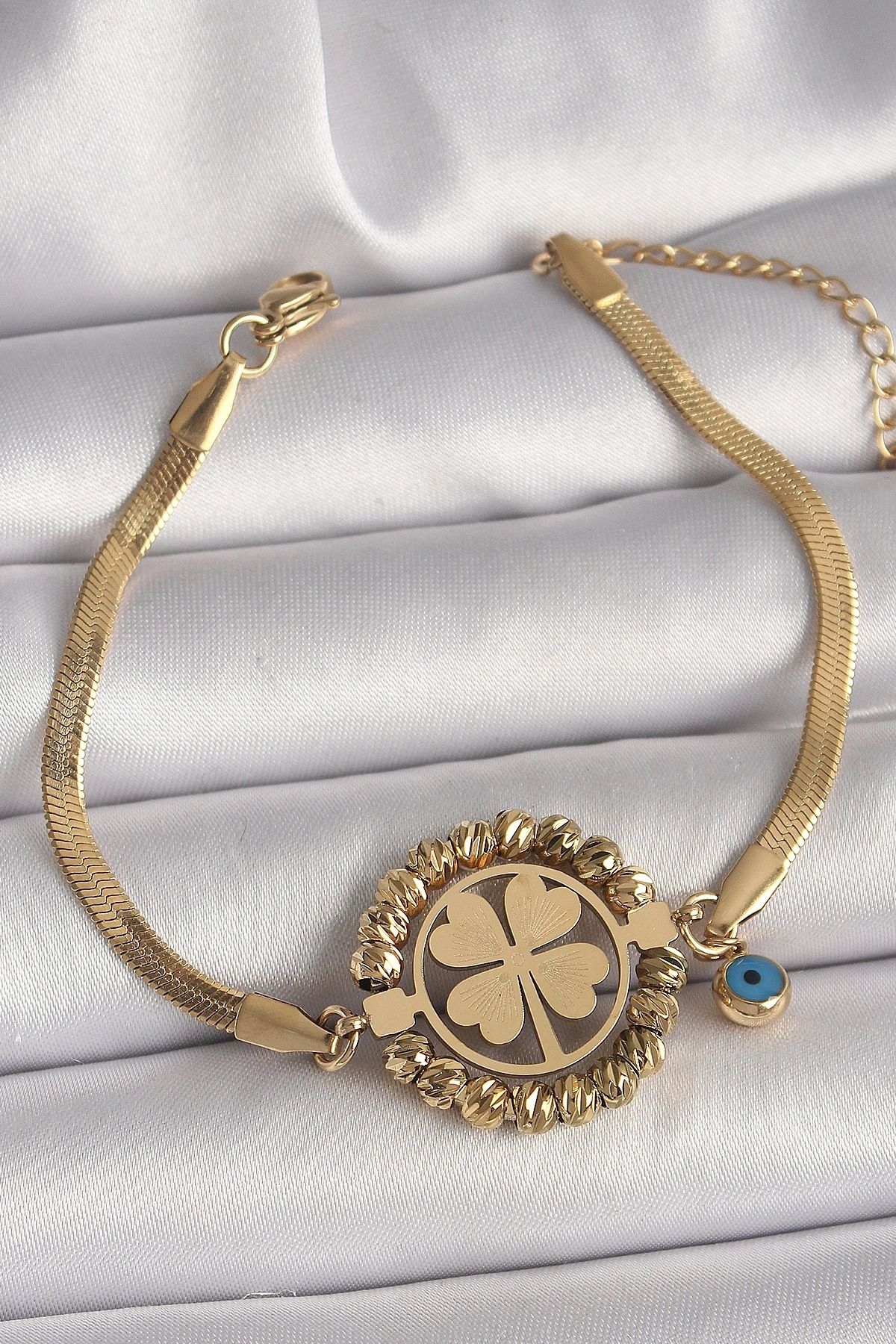OurStyles 316L Çelik Gold Renk İtalyan Zincir Model Dorika Yonca Figür Nazar Boncuk Detay Kadın Bileklik - TJ-
