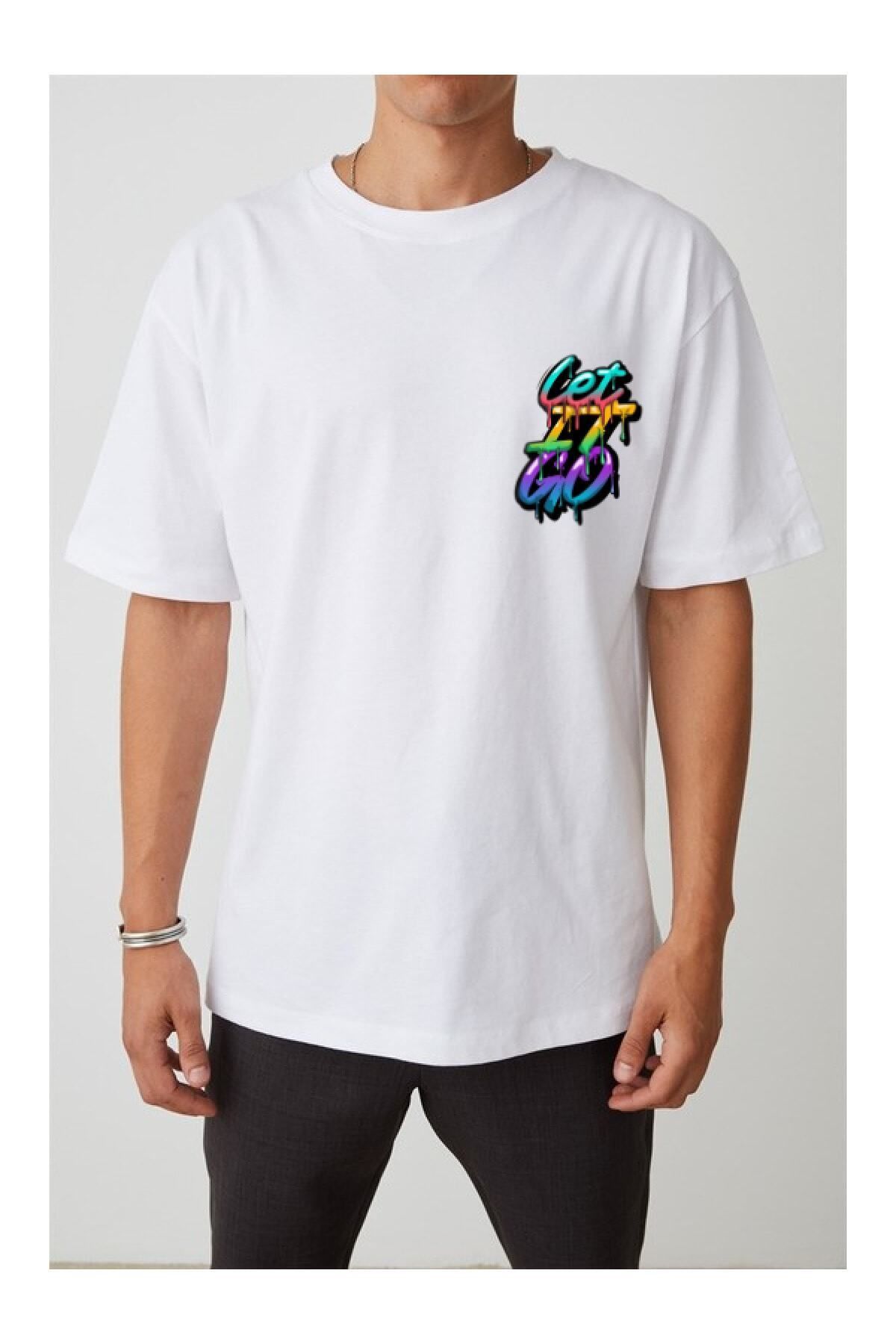 Pisa Art Grafiti "let It Go" Baskılı Beyaz Oversize Erkek Tshirt