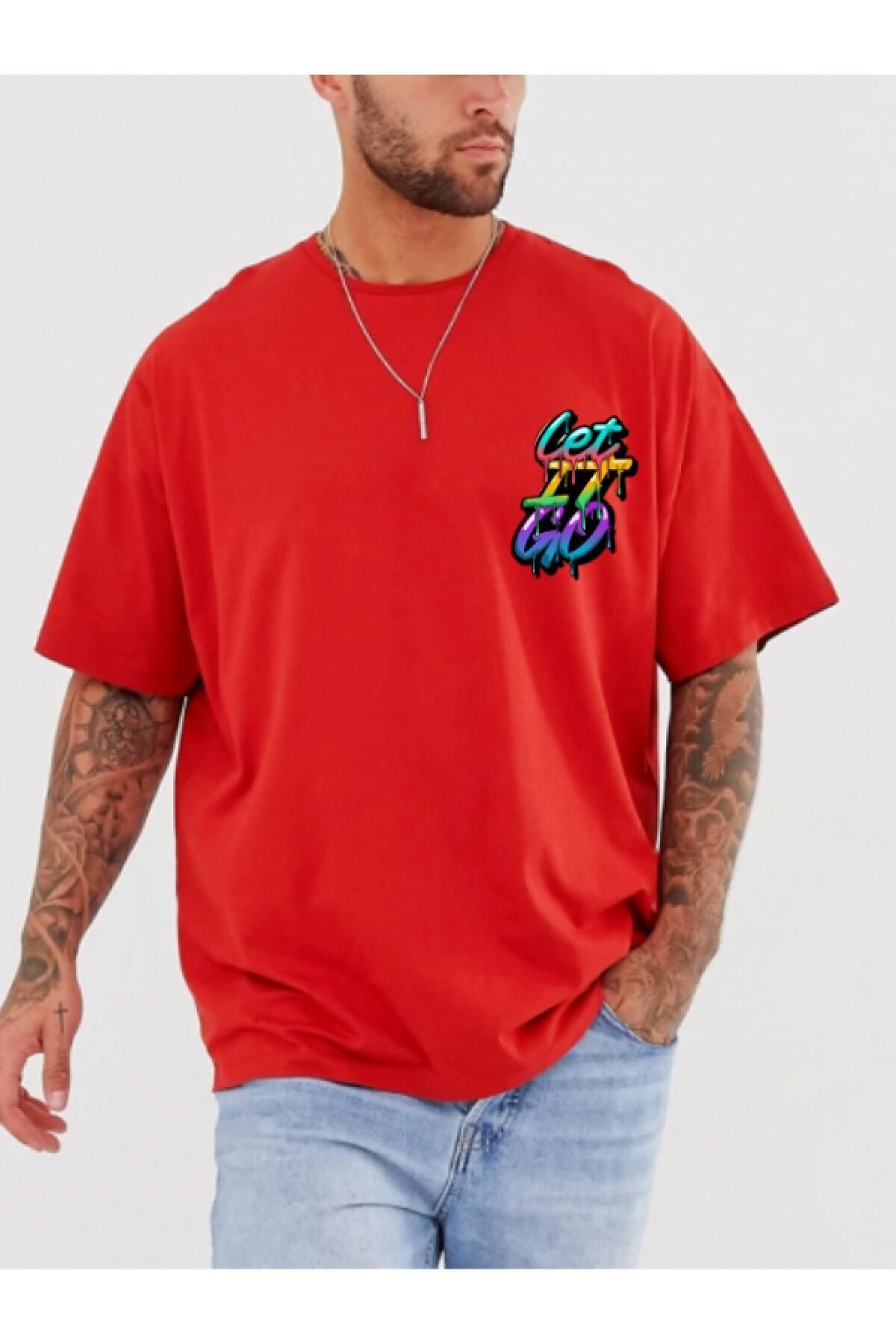 Pisa Art Grafiti "let It Go" Baskılı Kırmızı Oversize Erkek Tshirt