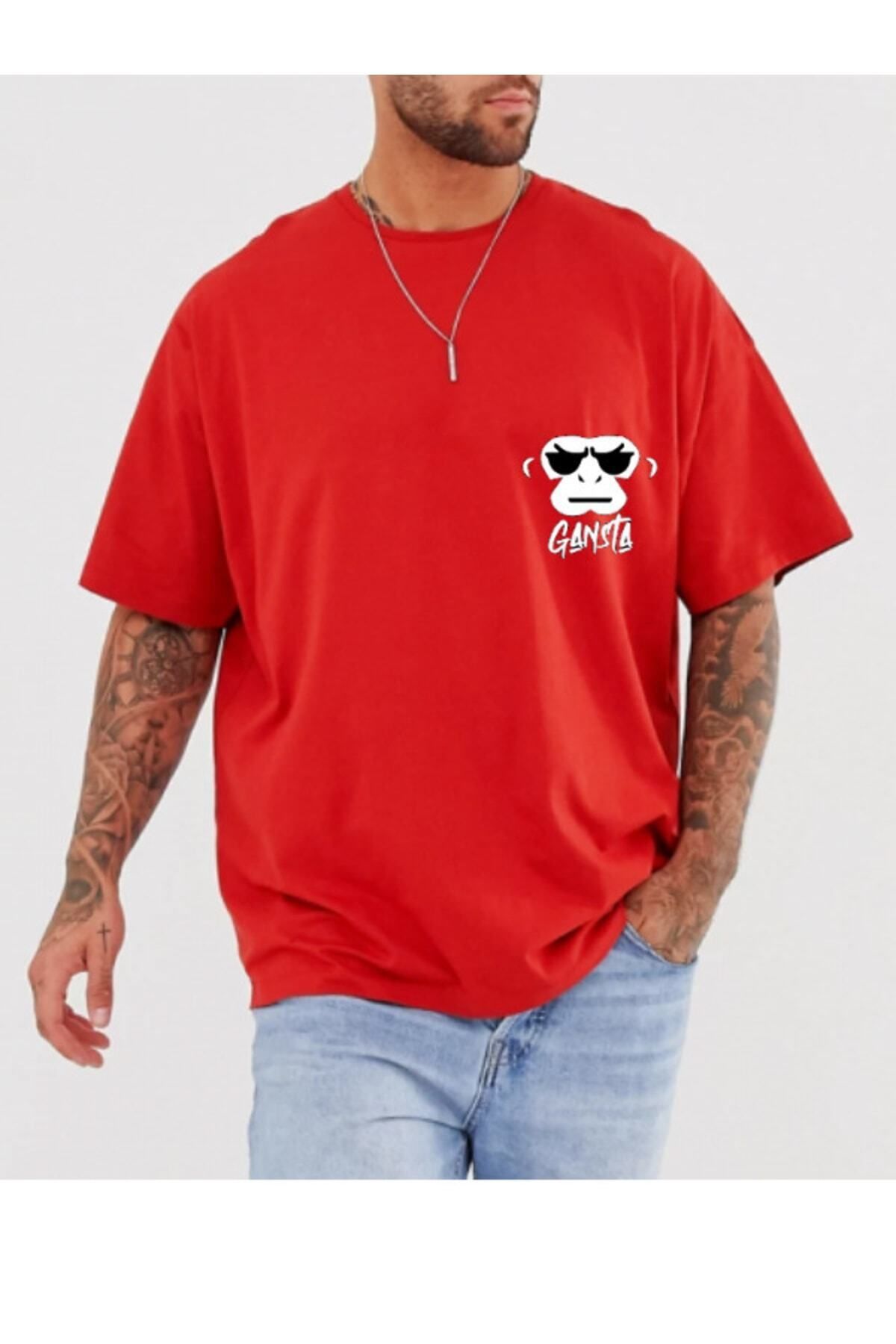 Pisa Art "gansta Maymun" Baskılı Kırmızı Oversize Erkek Tshirt