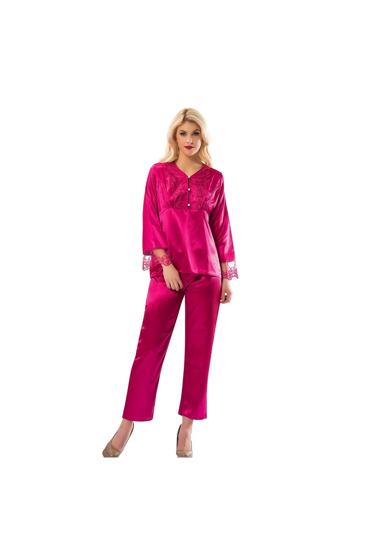 Narnuga Fuşya Saten Pijama Takımı - 1595