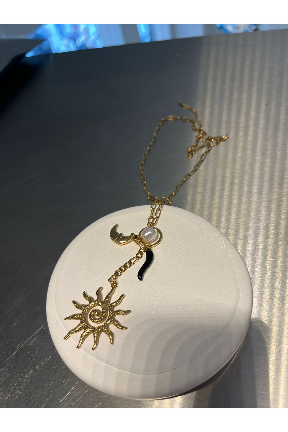 BeGa store Kadın çelik uzun gold güneş kolye