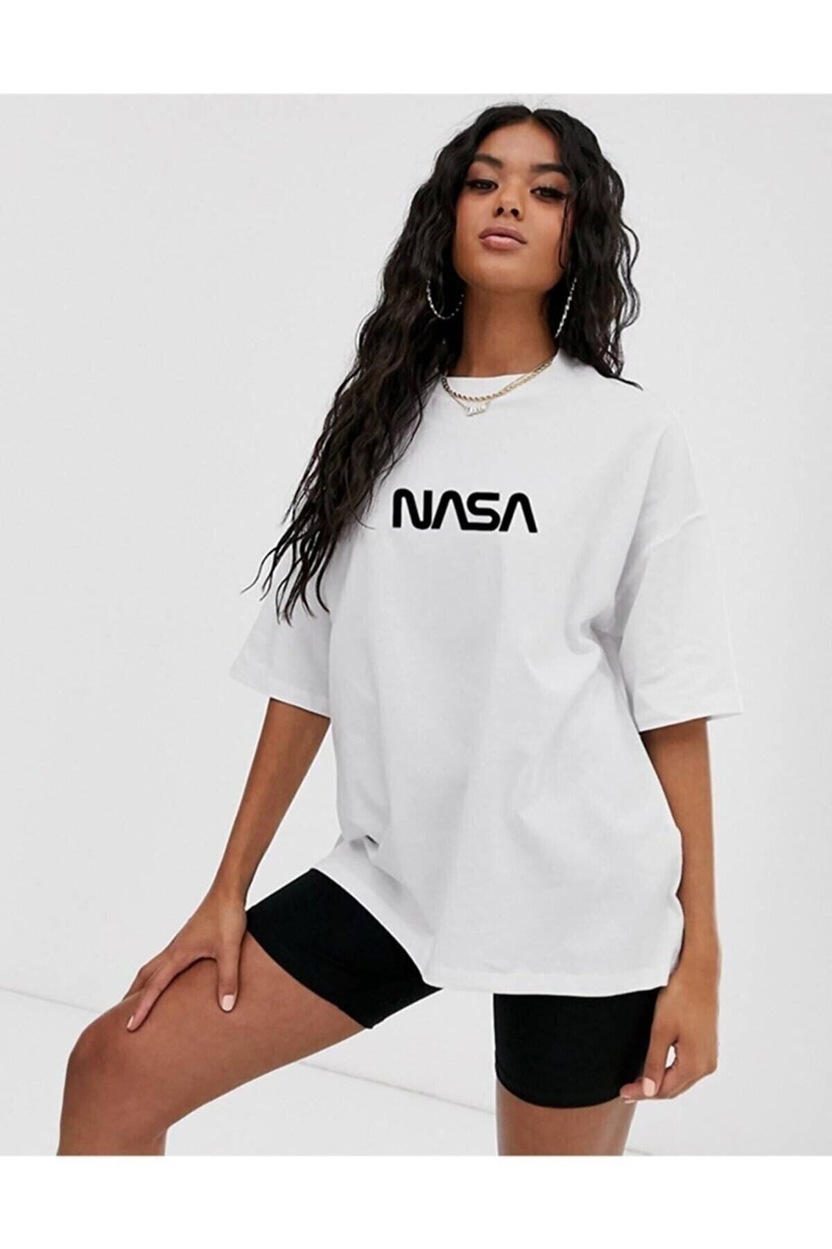 Pisa Art Lunealumen Kadın Beyaz Baskılı Oversize T-shirt
